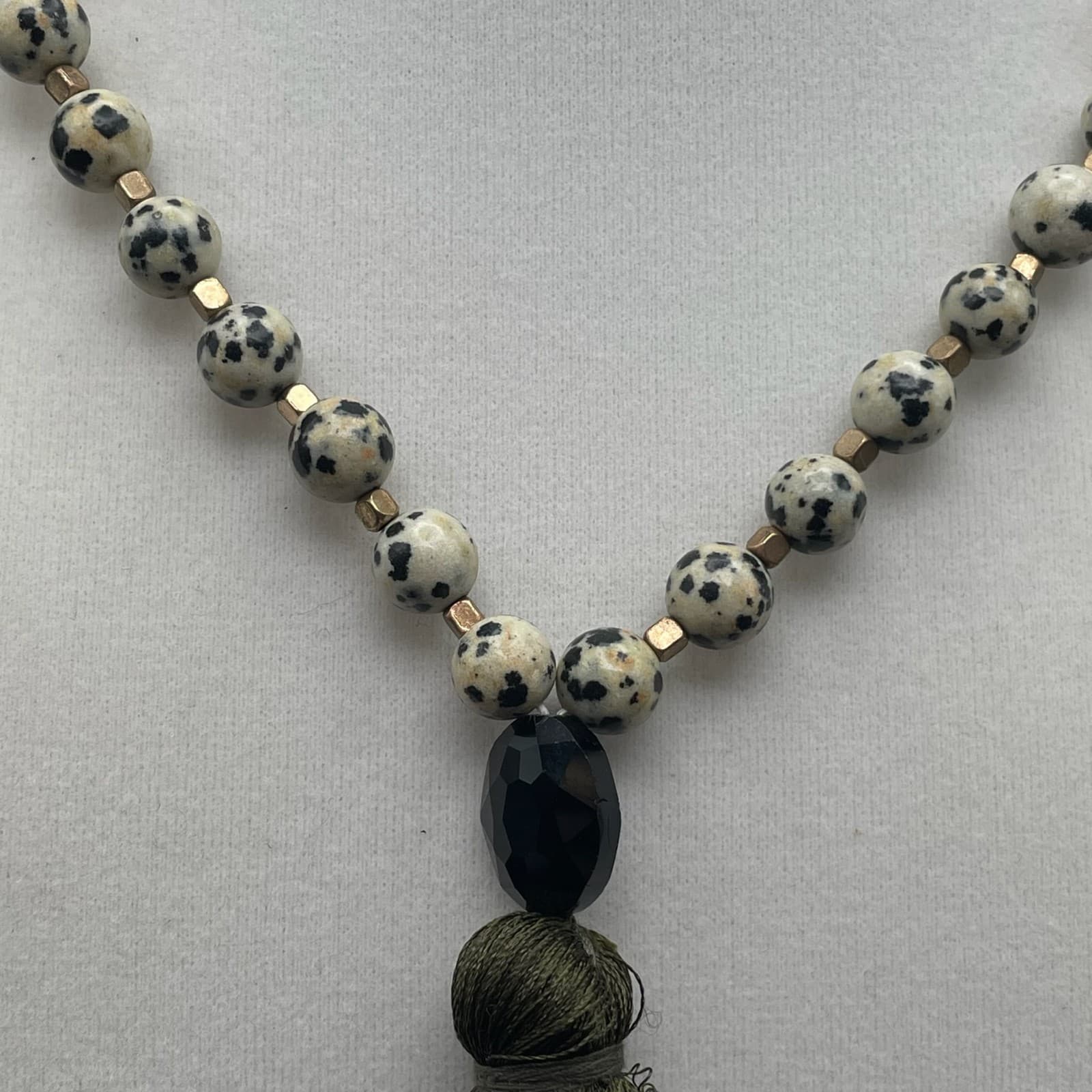 Vintage Dalmatian Stone Tassel Necklace 23 in Matinee Peach Stone Boho Statement - Thumbnail 6