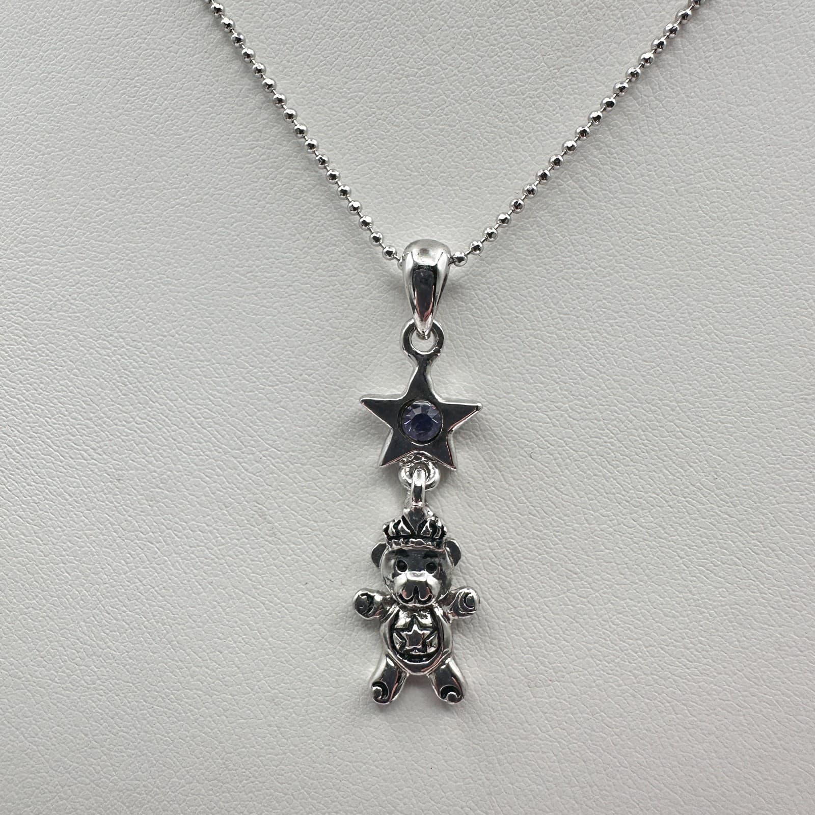 Vintage 90s Cookie Lee Teddy Bear Star Pendant Necklace Purple Crystal Jewelry - Image 1