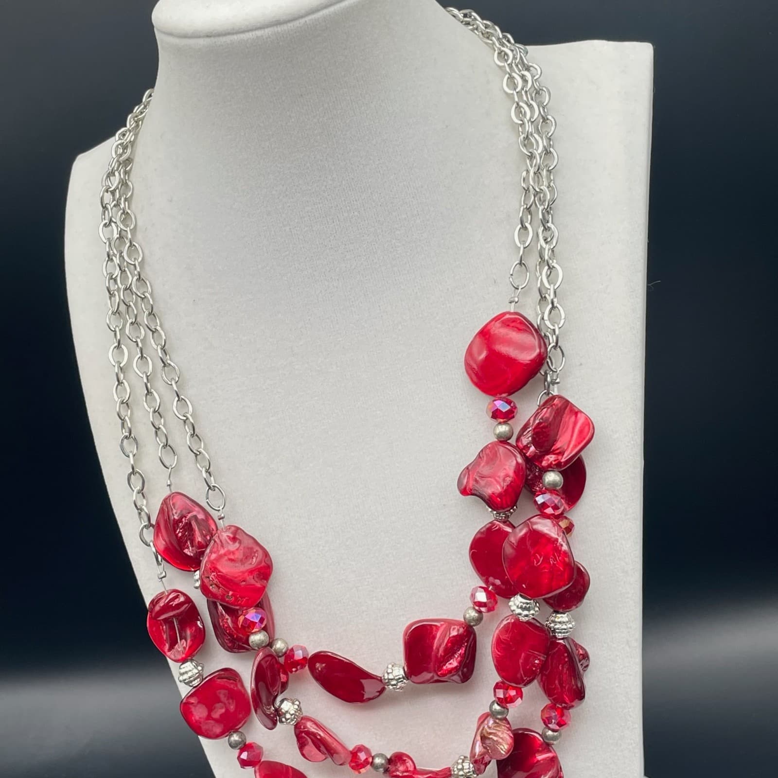 Vintage Statement Multi-Strand Red Irregular Resin Bead Necklace Silver Chain - Thumbnail 7