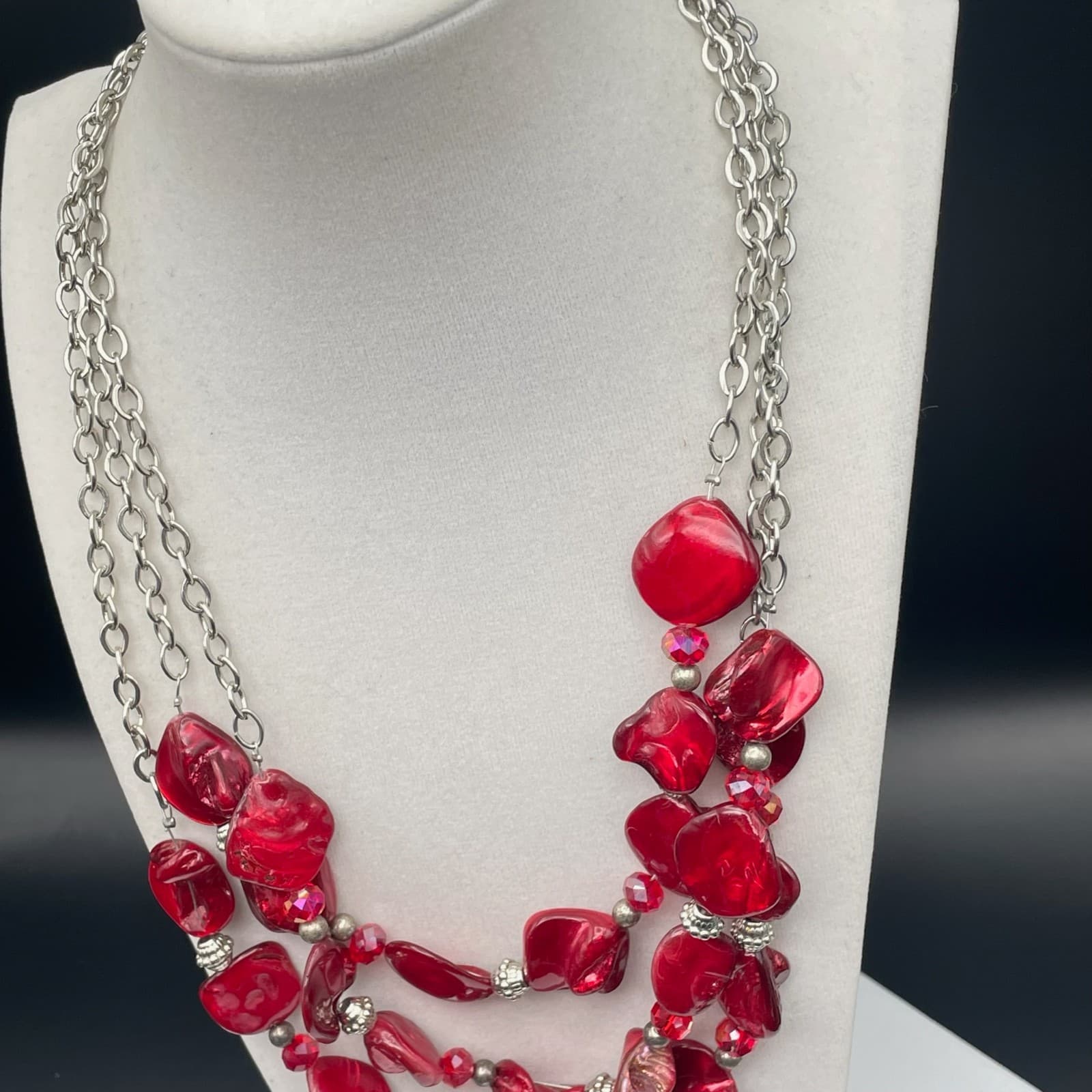 Vintage Statement Multi-Strand Red Irregular Resin Bead Necklace Silver Chain - Thumbnail 8