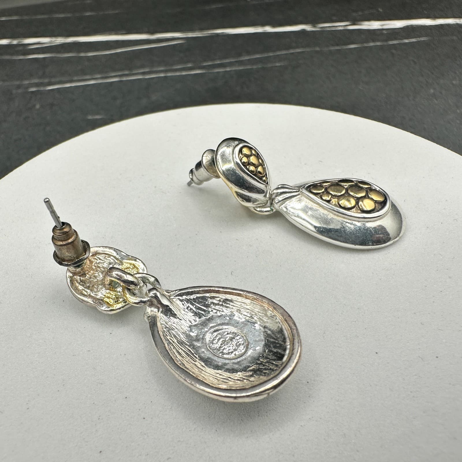 Vintage Premier Designs Two-Tone Teardrop Gold & Silver Dangle Clip-On Earrings - Thumbnail 9