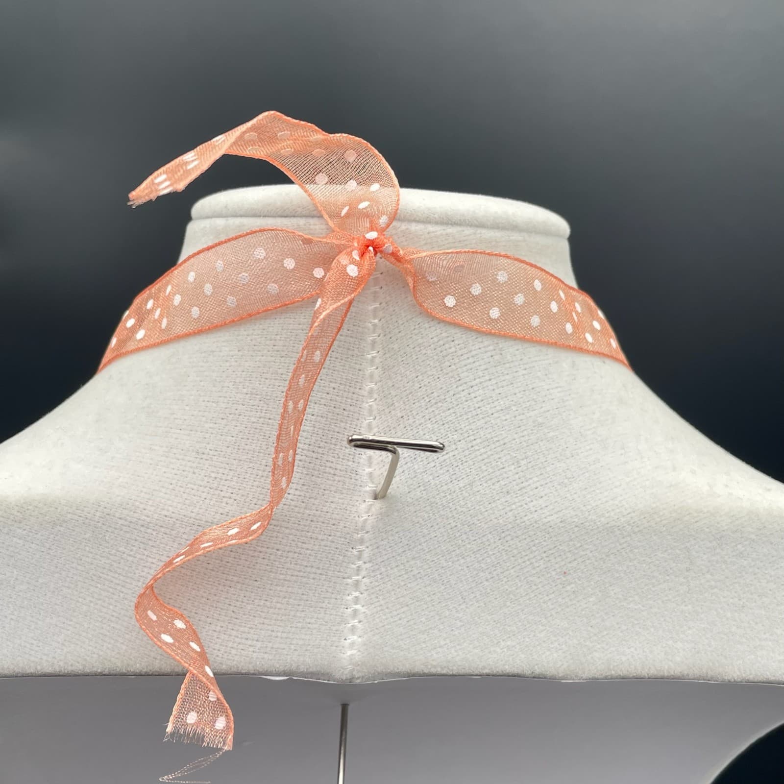 Amber & white swirled round glass pendant necklace on sheer polka dot ribbon - Thumbnail 8