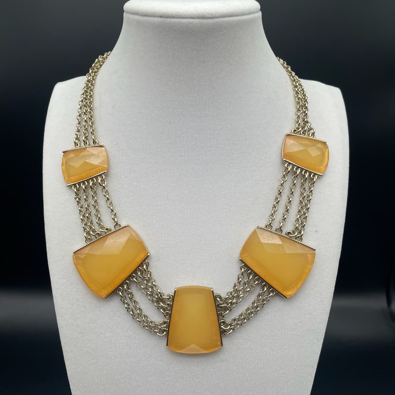 Vintage Gold Tone Trapezoid Yellow Faux Stone Statement Necklace Fringe Choker - Thumbnail 4