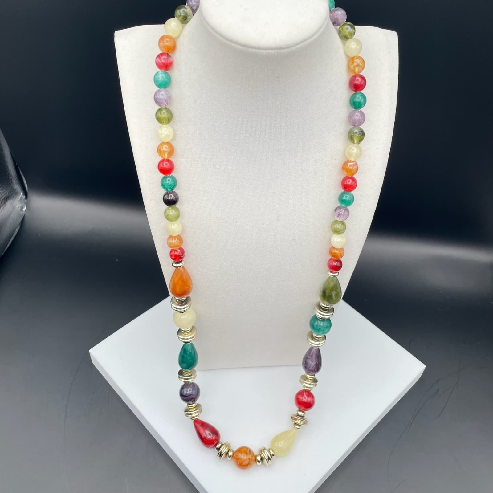 Vintage Long multi color bead necklace gold-tone spacers Teardrop 30 Inch - Thumbnail 3