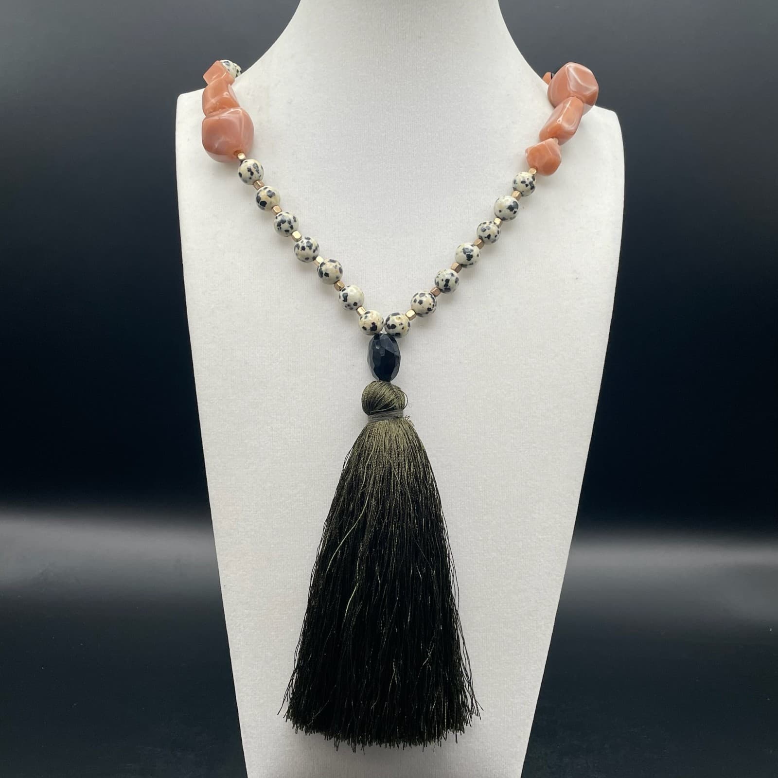 Vintage Dalmatian Stone Tassel Necklace 23 in Matinee Peach Stone Boho Statement - Image 1