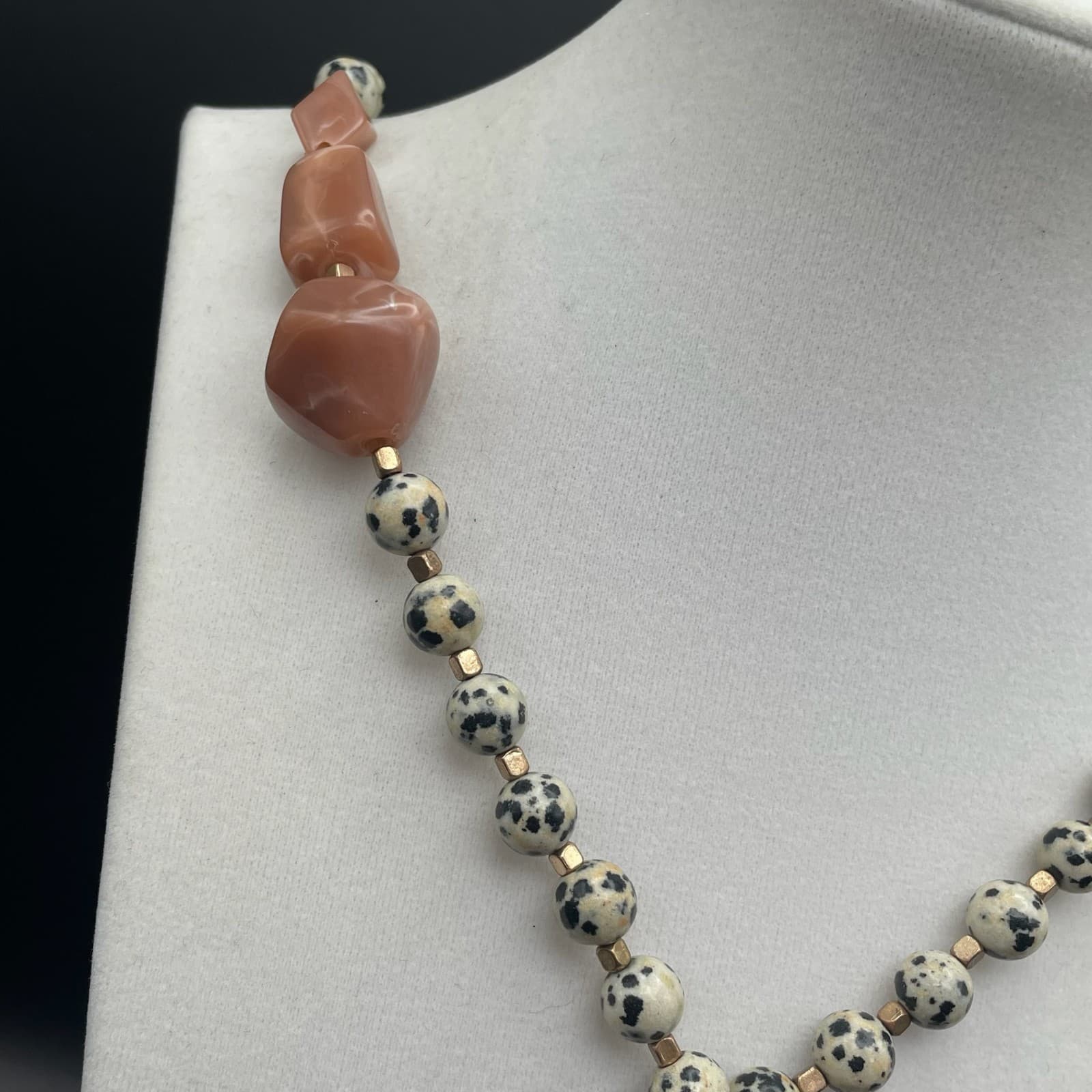 Vintage Dalmatian Stone Tassel Necklace 23 in Matinee Peach Stone Boho Statement - Thumbnail 5