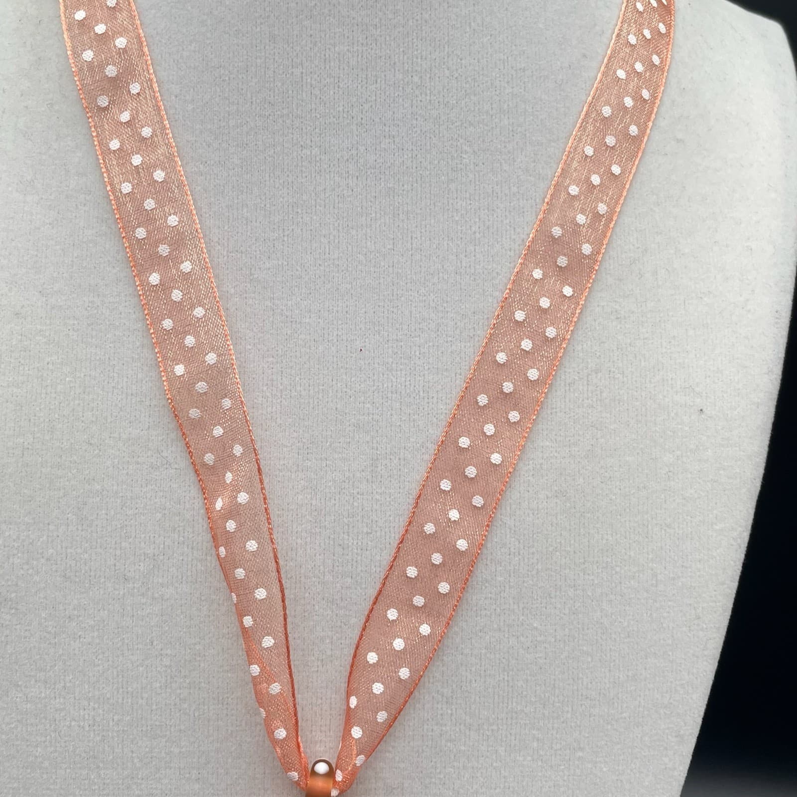 Amber & white swirled round glass pendant necklace on sheer polka dot ribbon - Thumbnail 5