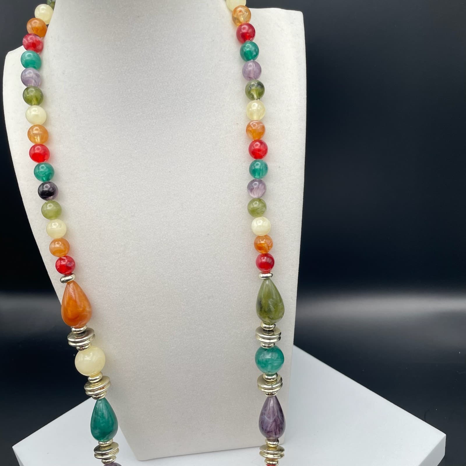 Vintage Long multi color bead necklace gold-tone spacers Teardrop 30 Inch - Thumbnail 8