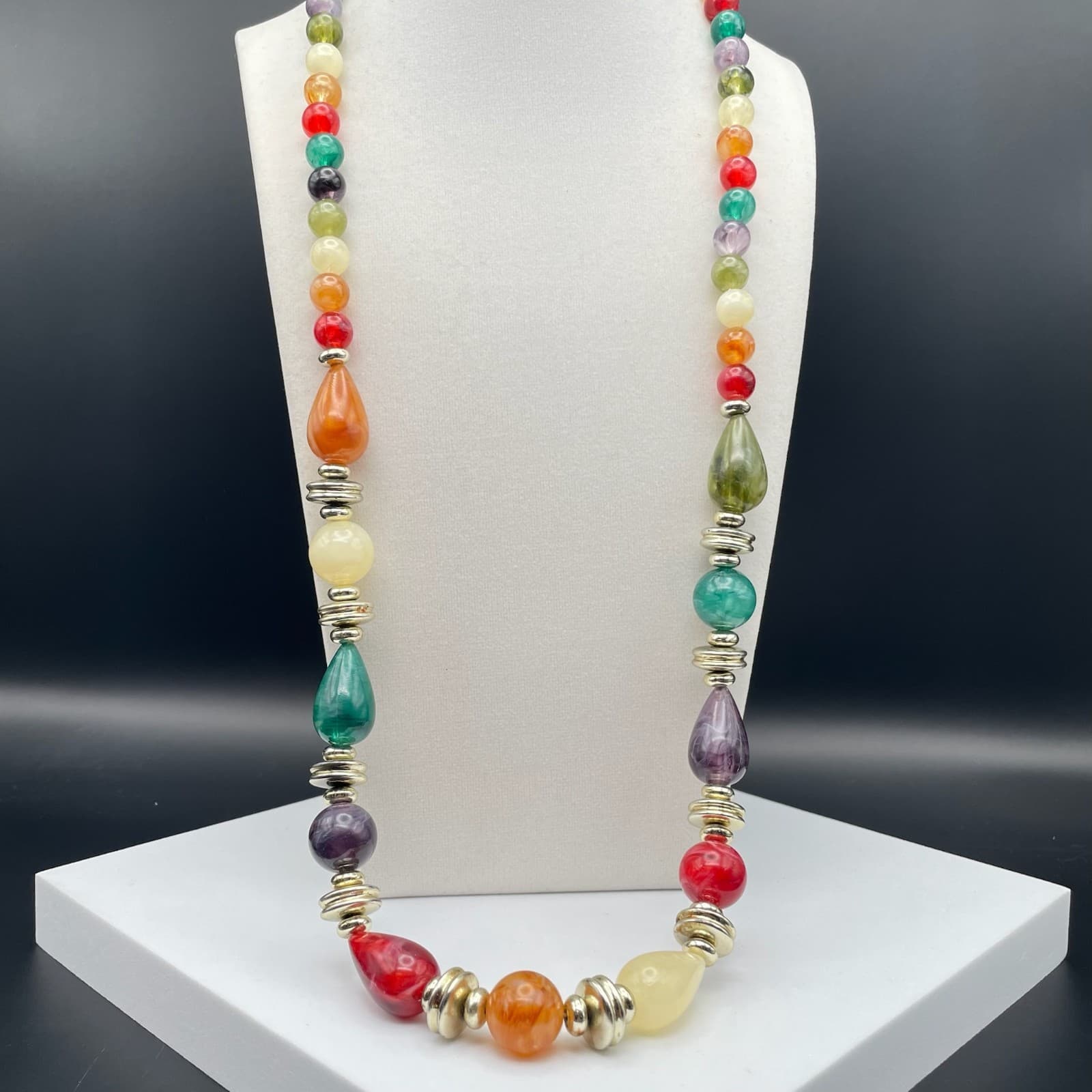 Vintage Long multi color bead necklace gold-tone spacers Teardrop 30 Inch - Thumbnail 7