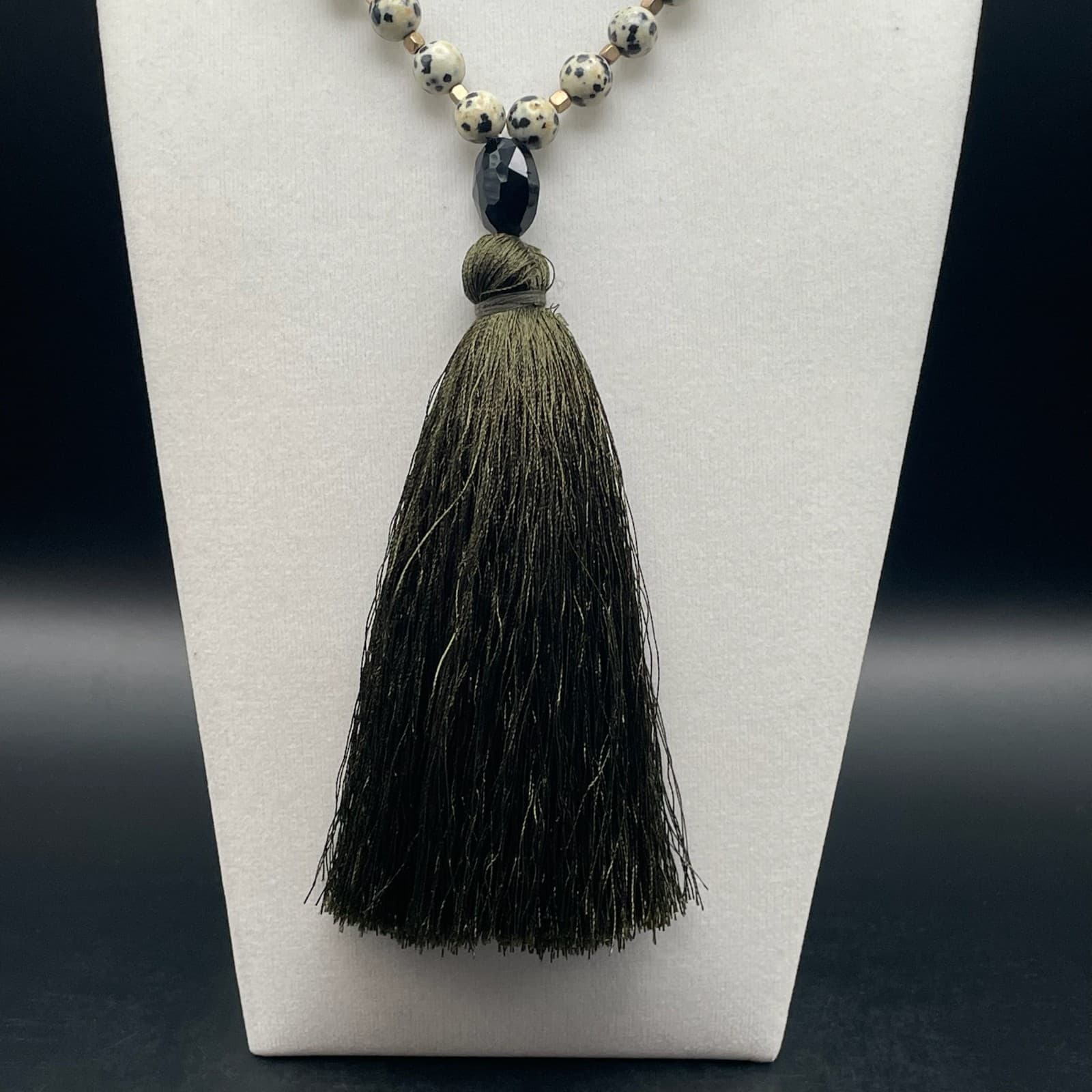 Vintage Dalmatian Stone Tassel Necklace 23 in Matinee Peach Stone Boho Statement - Thumbnail 7