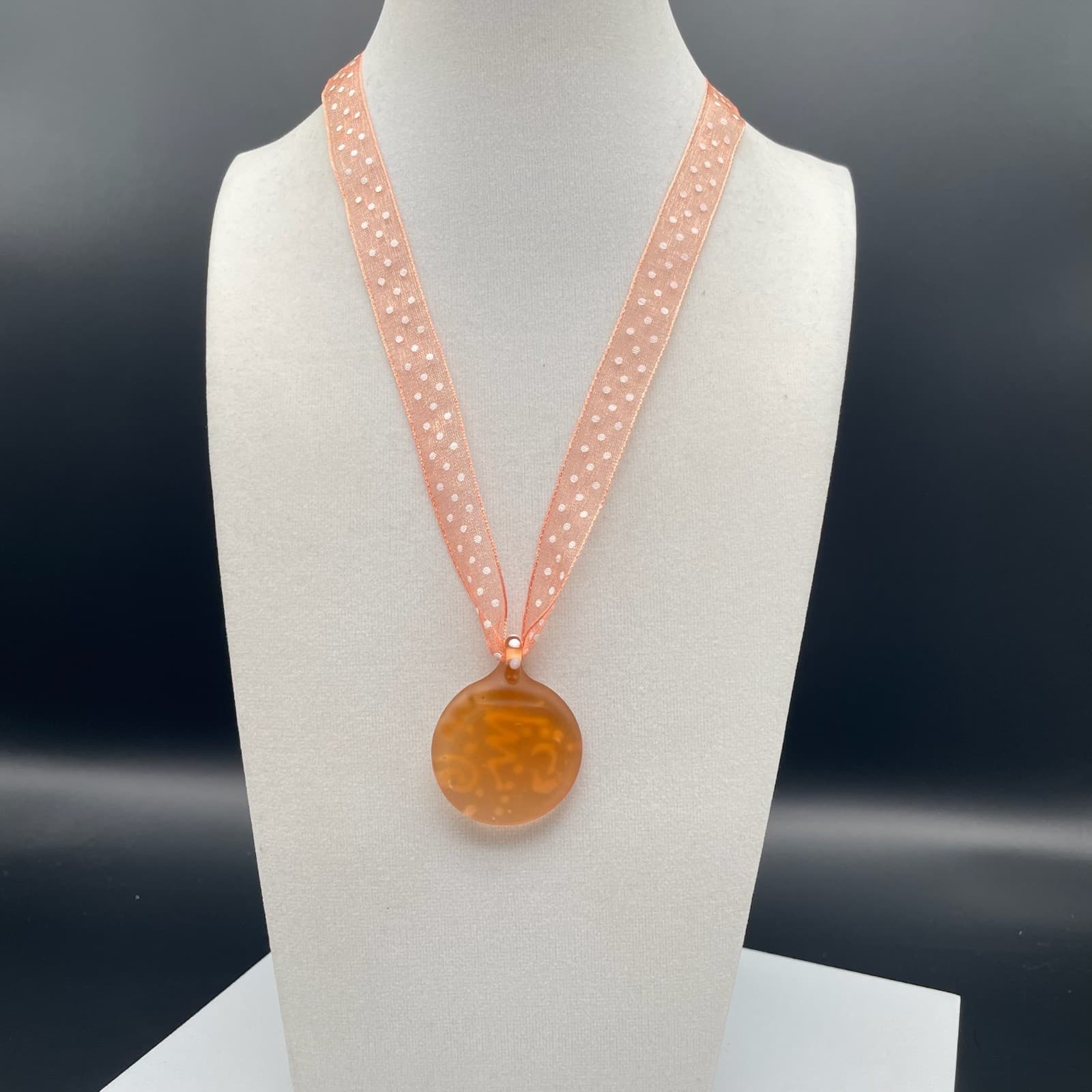 Amber & white swirled round glass pendant necklace on sheer polka dot ribbon - Thumbnail 2