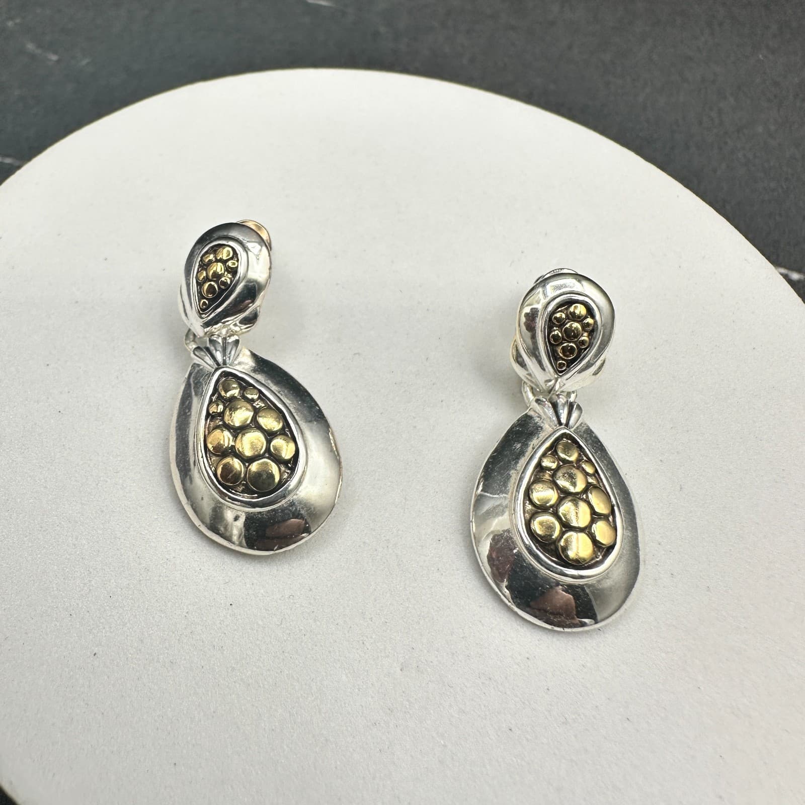 Vintage Premier Designs Two-Tone Teardrop Gold & Silver Dangle Clip-On Earrings - Thumbnail 5