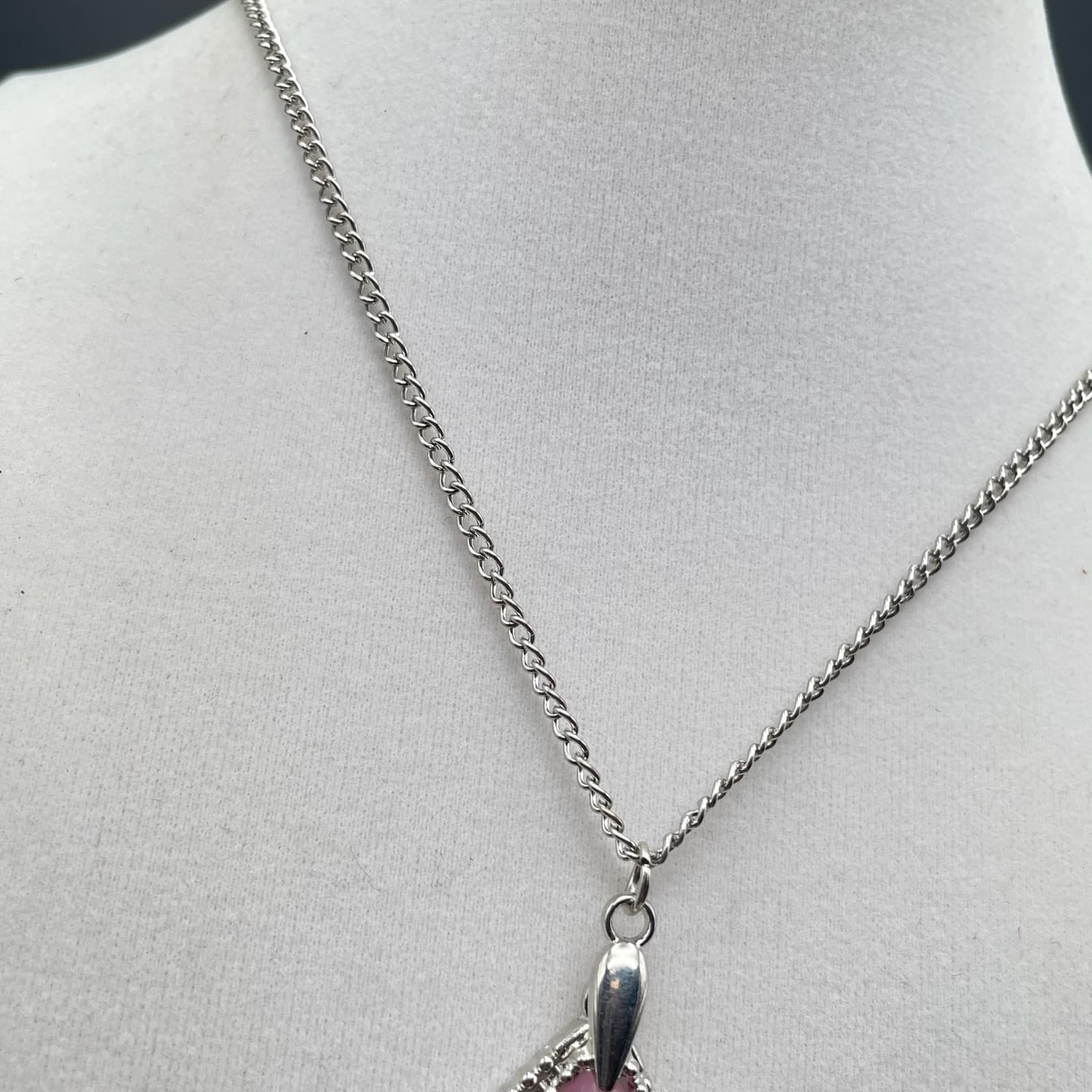 Vintage Pink Cat Eye Teardrop Pendant Necklace Silver Tone Chain Fashion Jewelry - Thumbnail 6