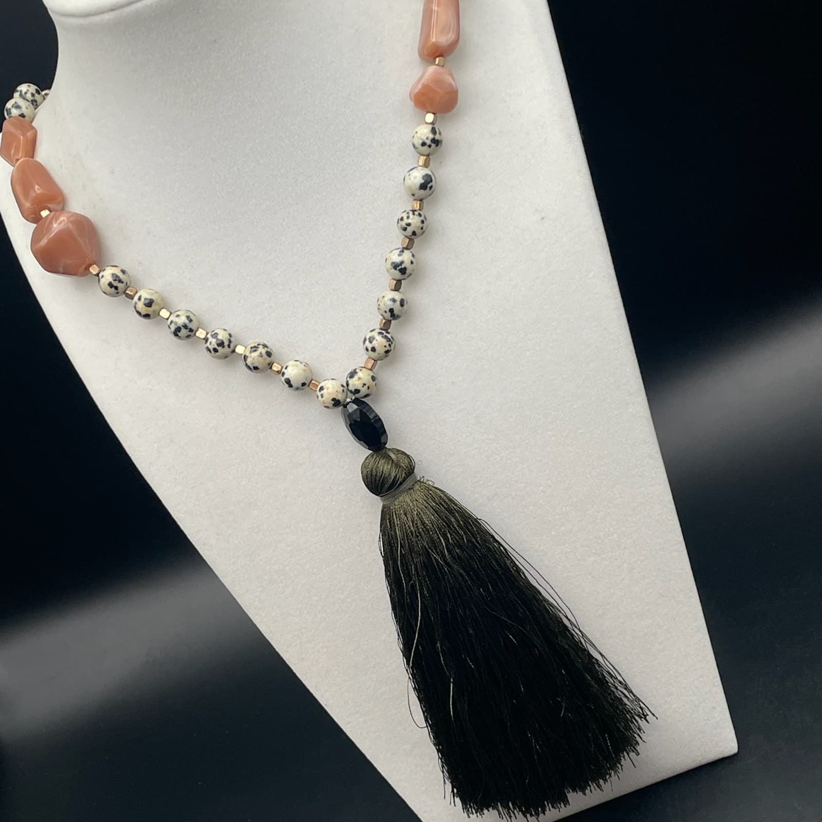 Vintage Dalmatian Stone Tassel Necklace 23 in Matinee Peach Stone Boho Statement - Thumbnail 8