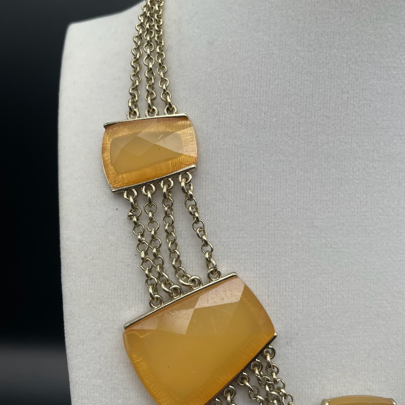 Vintage Gold Tone Trapezoid Yellow Faux Stone Statement Necklace Fringe Choker - Thumbnail 5