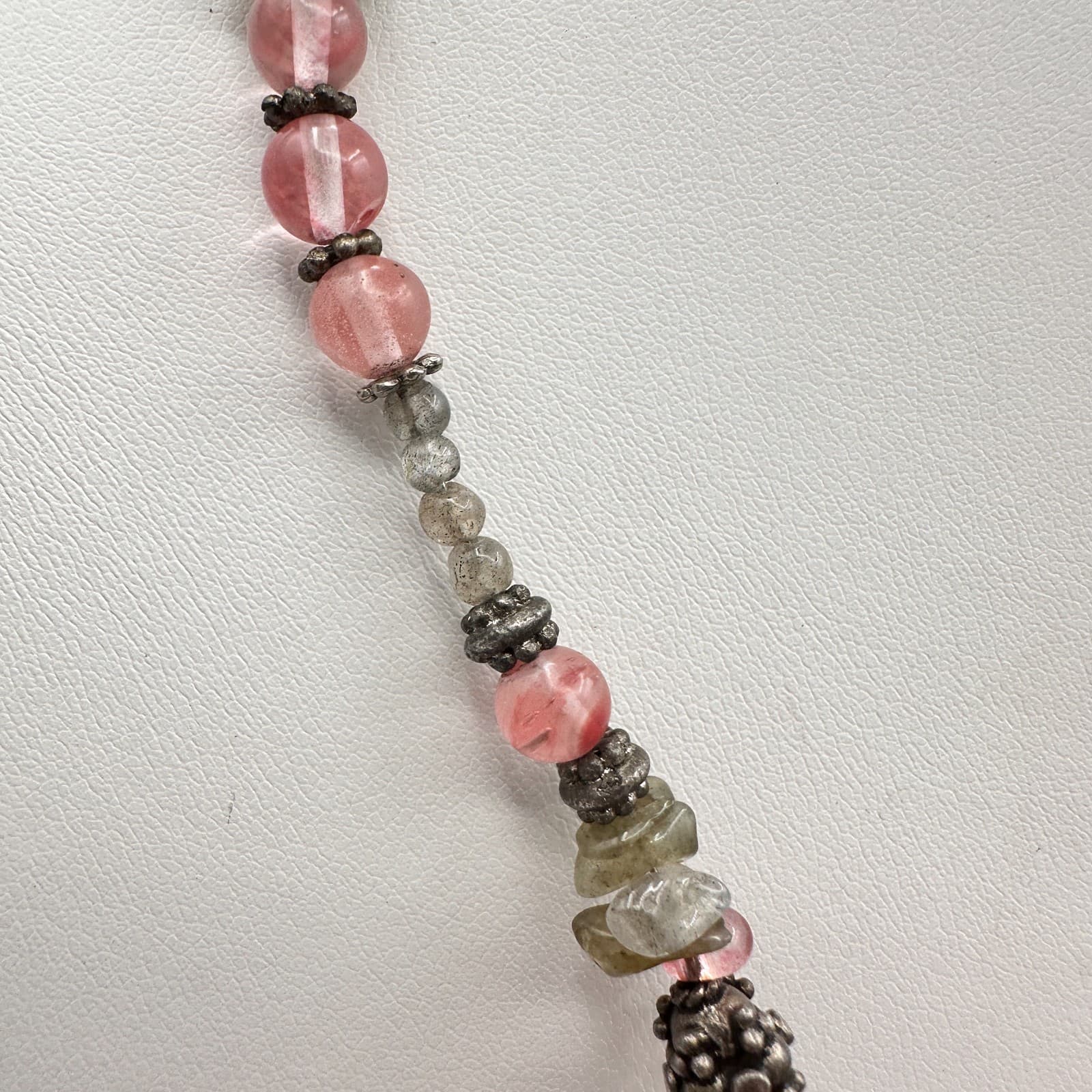 Vintage 90s Strawberry Quartz Labradorite Beaded Necklace Boho Women's Jewelry - Thumbnail 3
