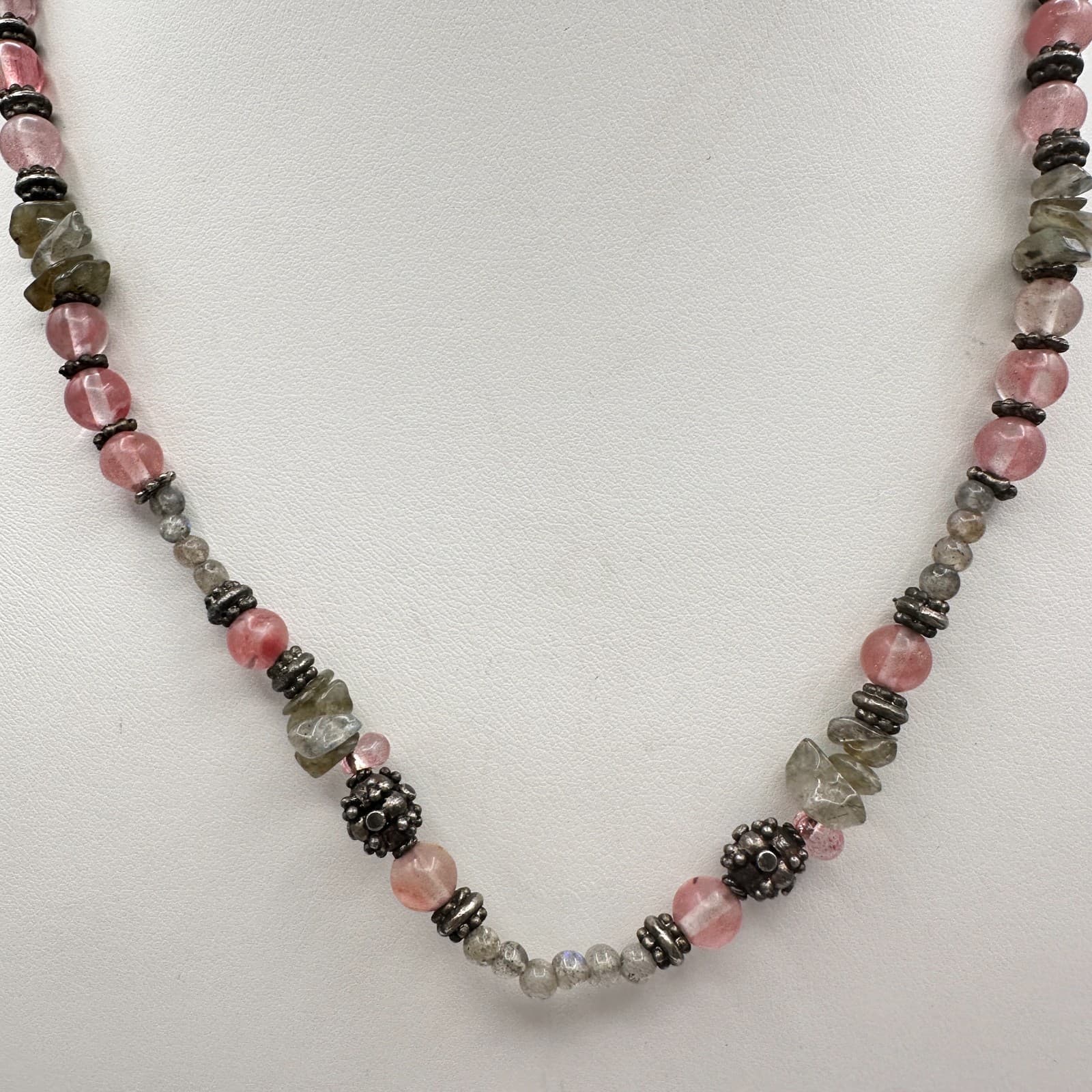 Vintage 90s Strawberry Quartz Labradorite Beaded Necklace Boho Women's Jewelry - Thumbnail 2