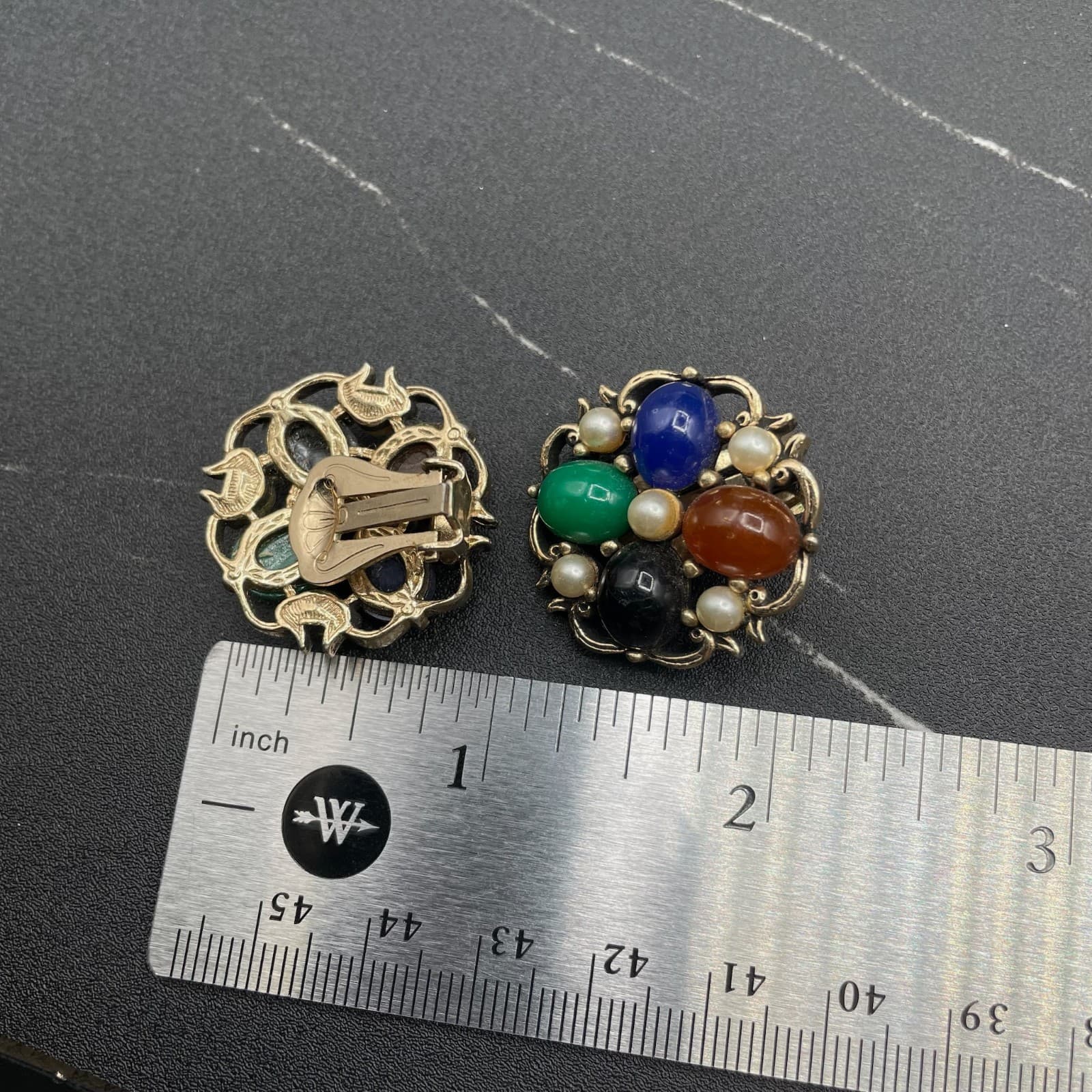 Vintage Multicolor Cabochon Cluster Clip-On Earrings Pearl Accents Retro - Thumbnail 11