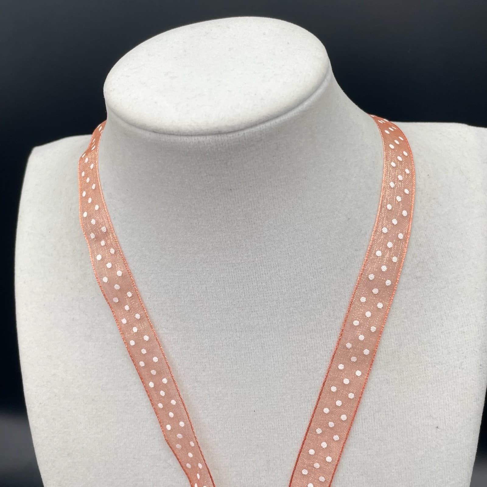 Amber & white swirled round glass pendant necklace on sheer polka dot ribbon - Thumbnail 7