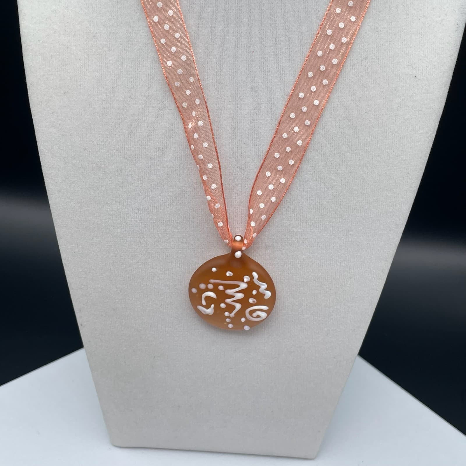 Amber & white swirled round glass pendant necklace on sheer polka dot ribbon - Thumbnail 6
