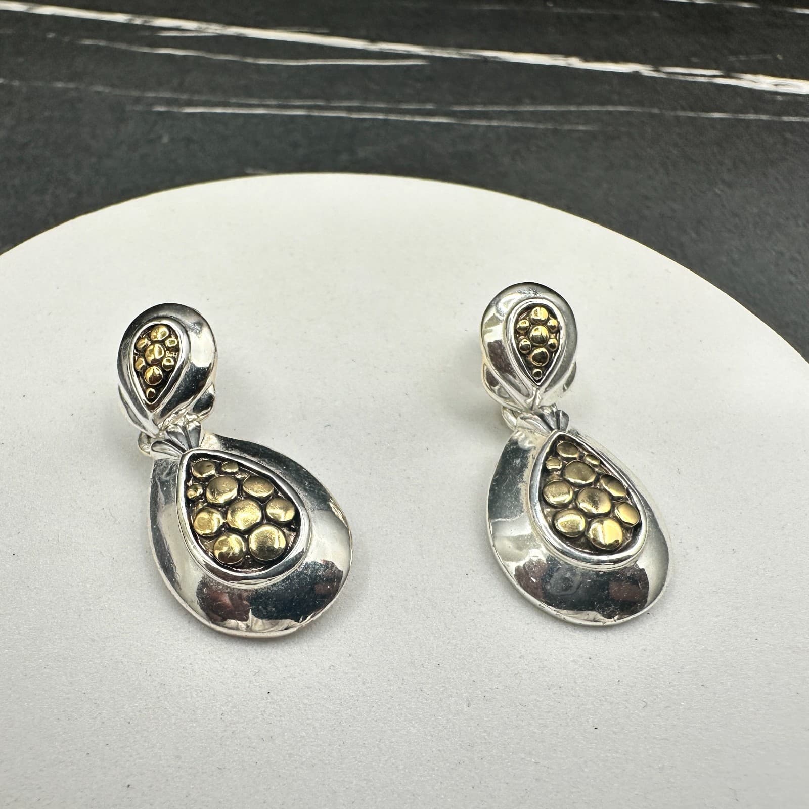 Vintage Premier Designs Two-Tone Teardrop Gold & Silver Dangle Clip-On Earrings - Thumbnail 6