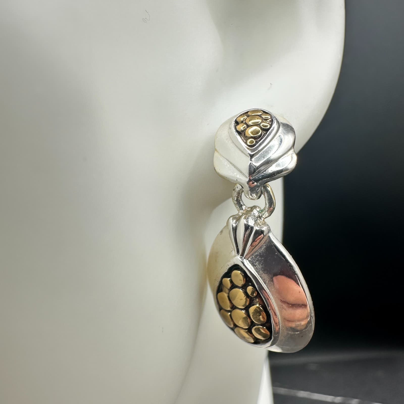 Vintage Premier Designs Two-Tone Teardrop Gold & Silver Dangle Clip-On Earrings - Thumbnail 2