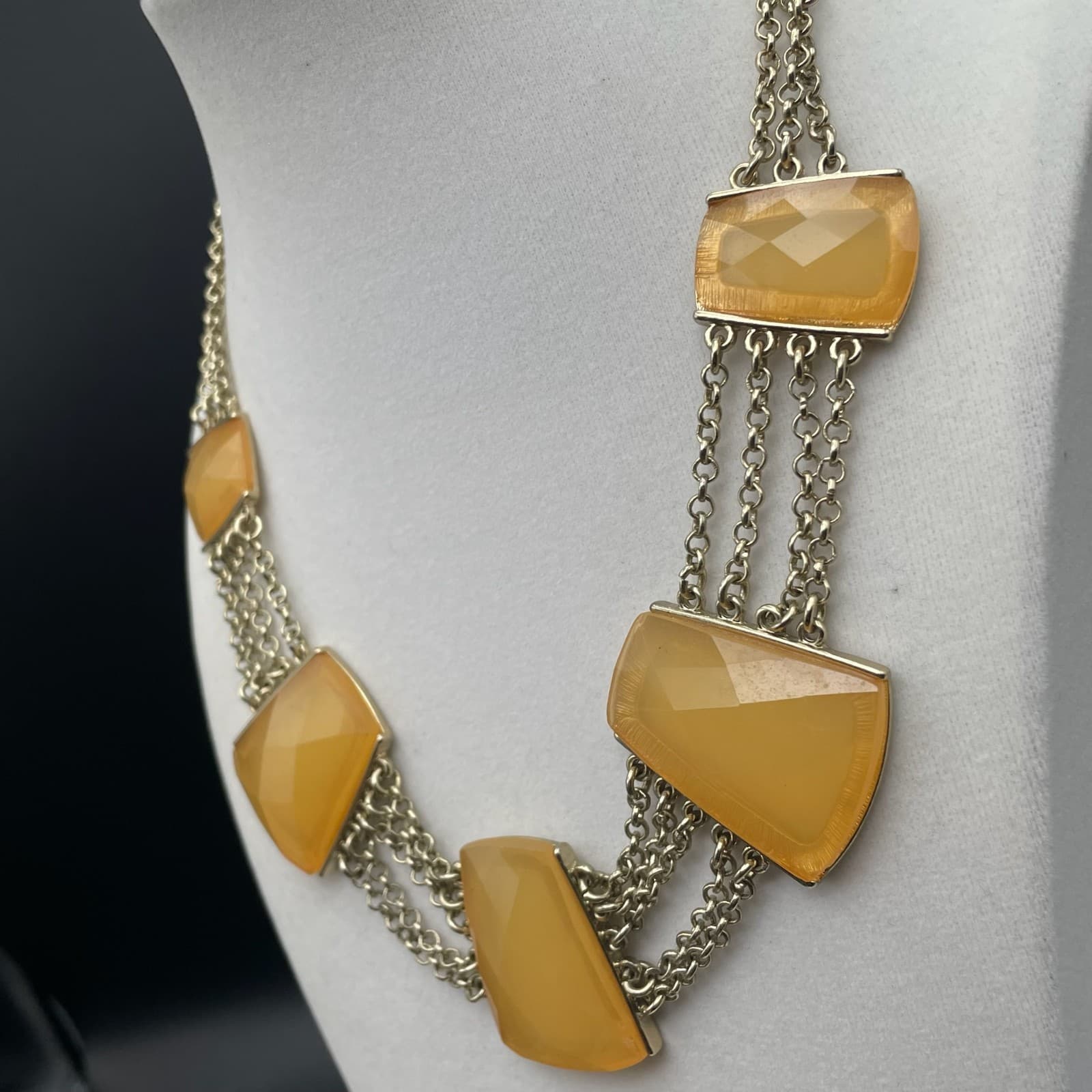 Vintage Gold Tone Trapezoid Yellow Faux Stone Statement Necklace Fringe Choker - Thumbnail 8
