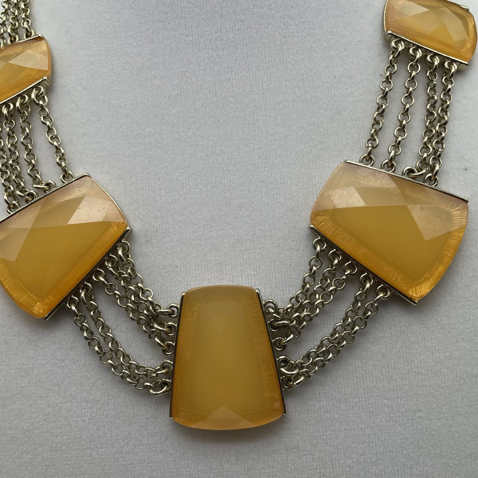 Vintage Gold Tone Trapezoid Yellow Faux Stone Statement Necklace Fringe Choker - Thumbnail 6