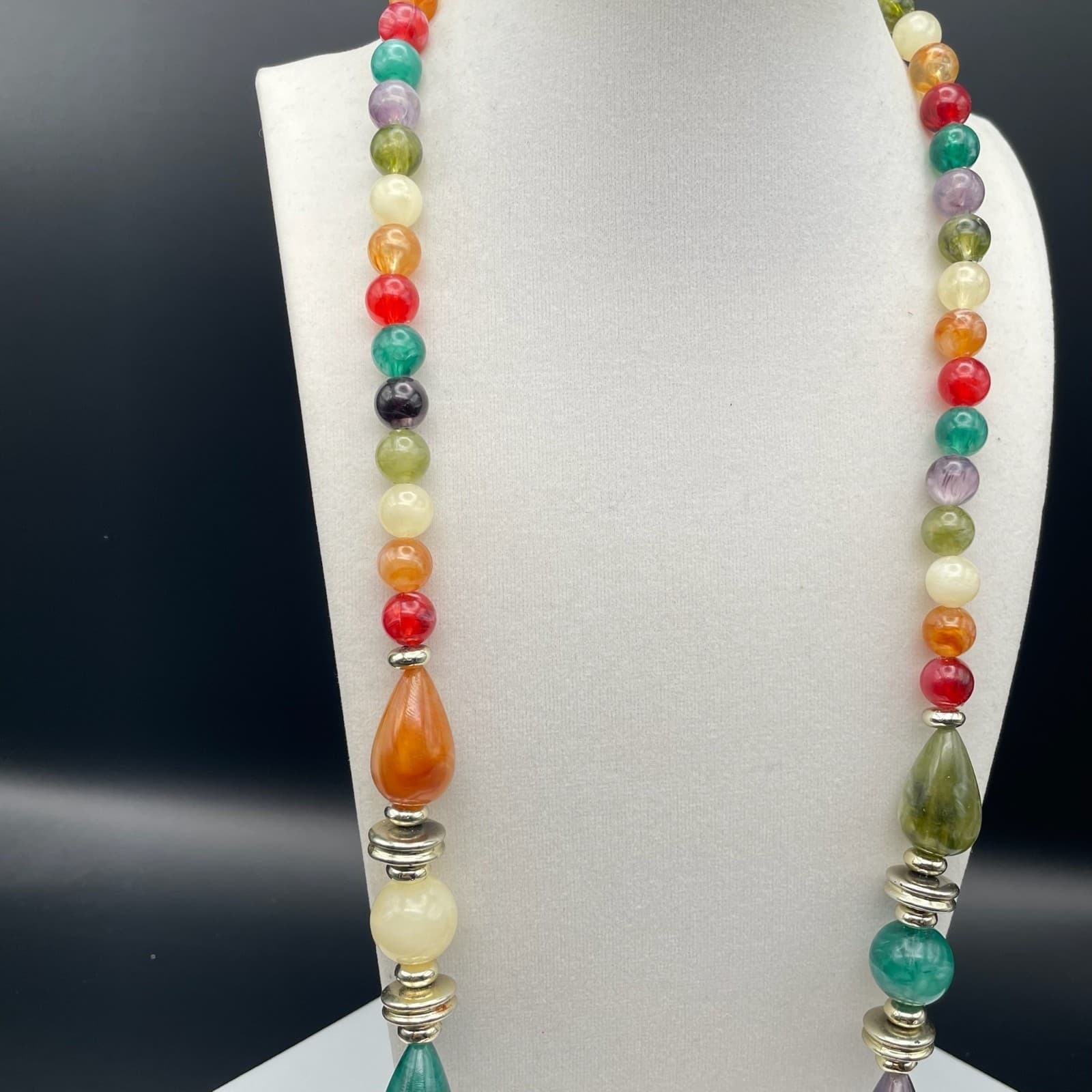 Vintage Long multi color bead necklace gold-tone spacers Teardrop 30 Inch - Thumbnail 2