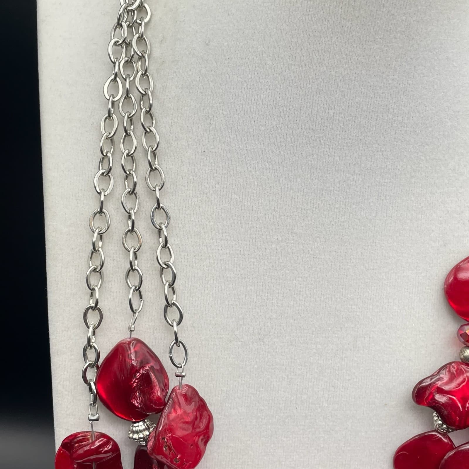 Vintage Statement Multi-Strand Red Irregular Resin Bead Necklace Silver Chain - Thumbnail 4