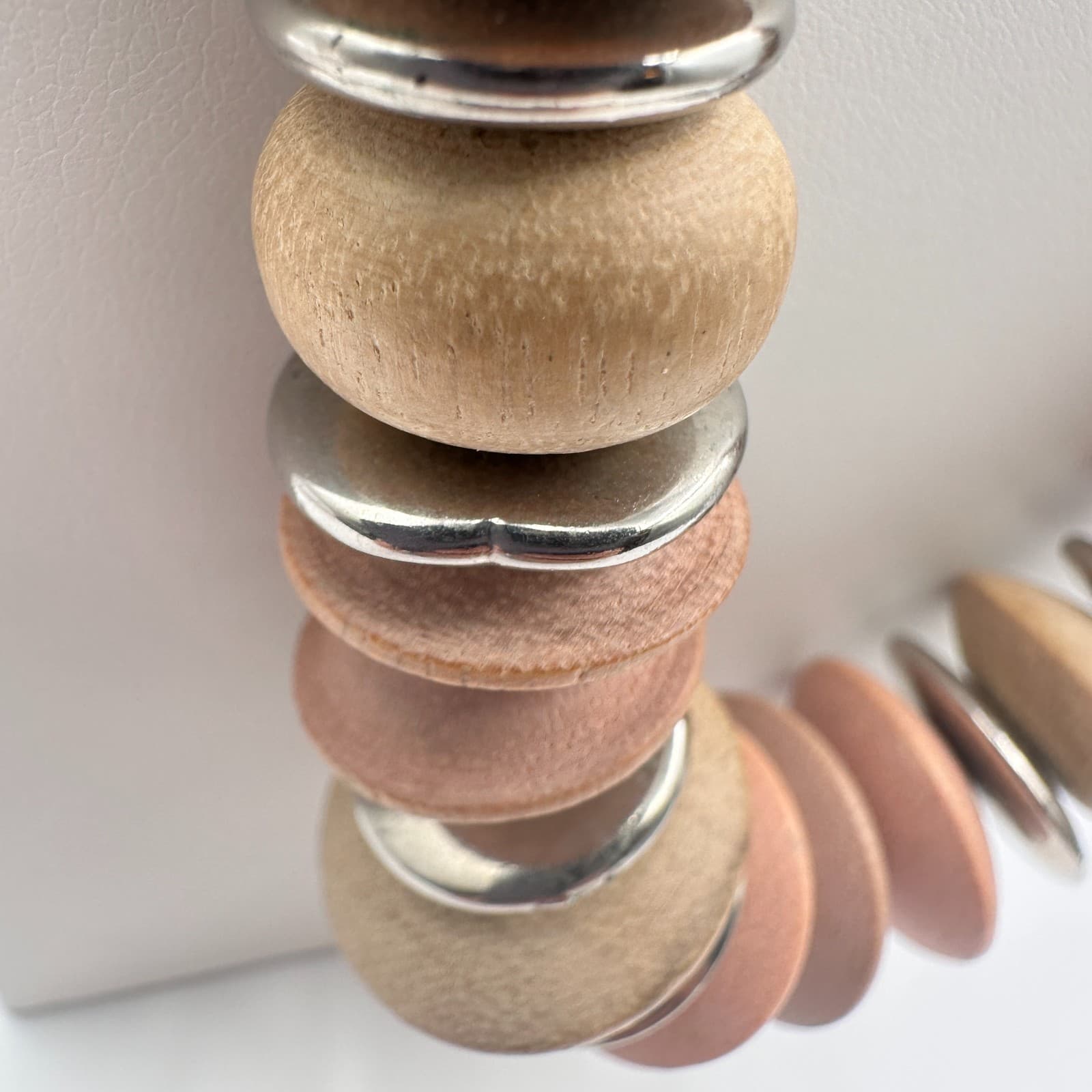 Vintage 90s Wooden Bead Statement Necklace Silver Tone Spacers Boho Jewelry - Thumbnail 5