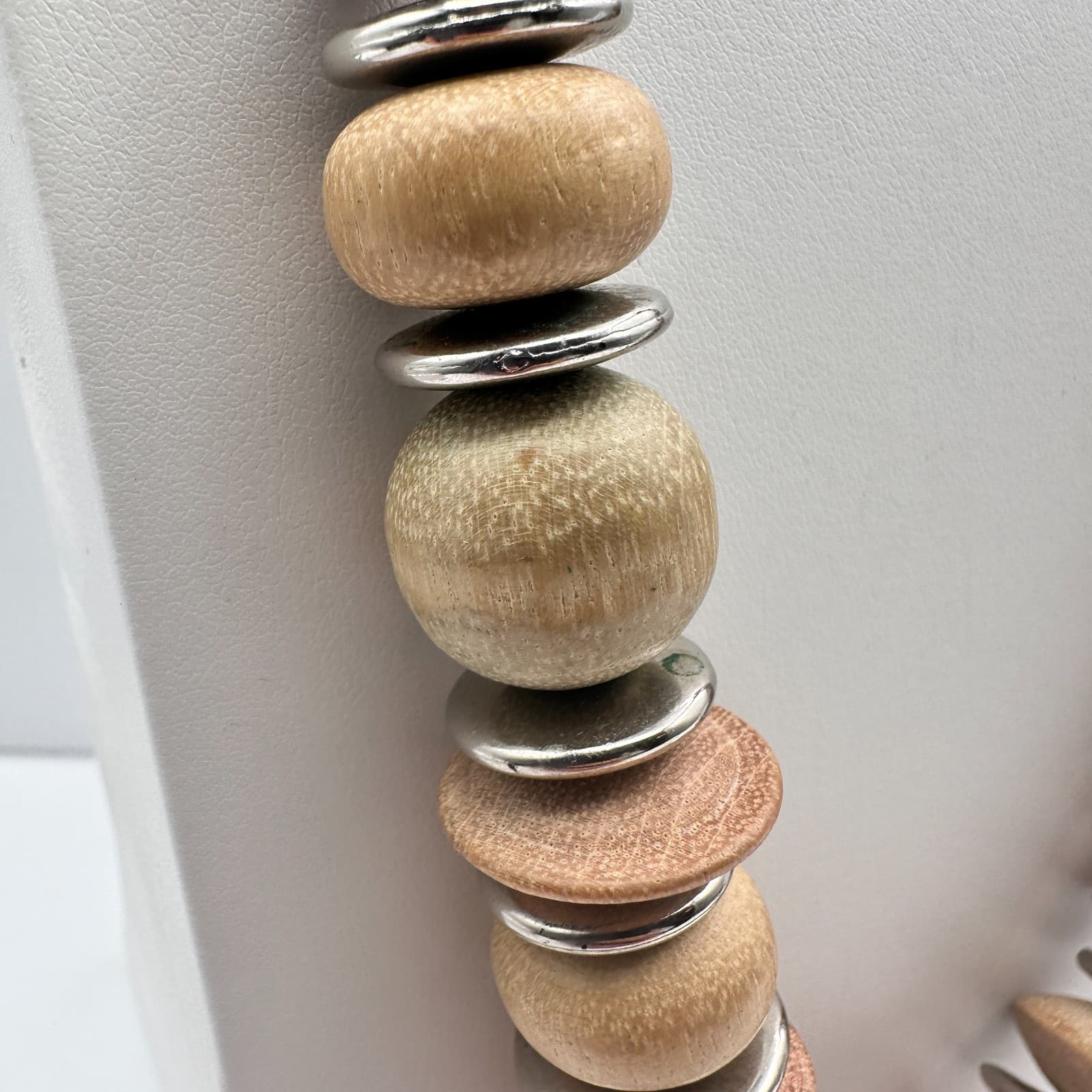 Vintage 90s Wooden Bead Statement Necklace Silver Tone Spacers Boho Jewelry - Thumbnail 3