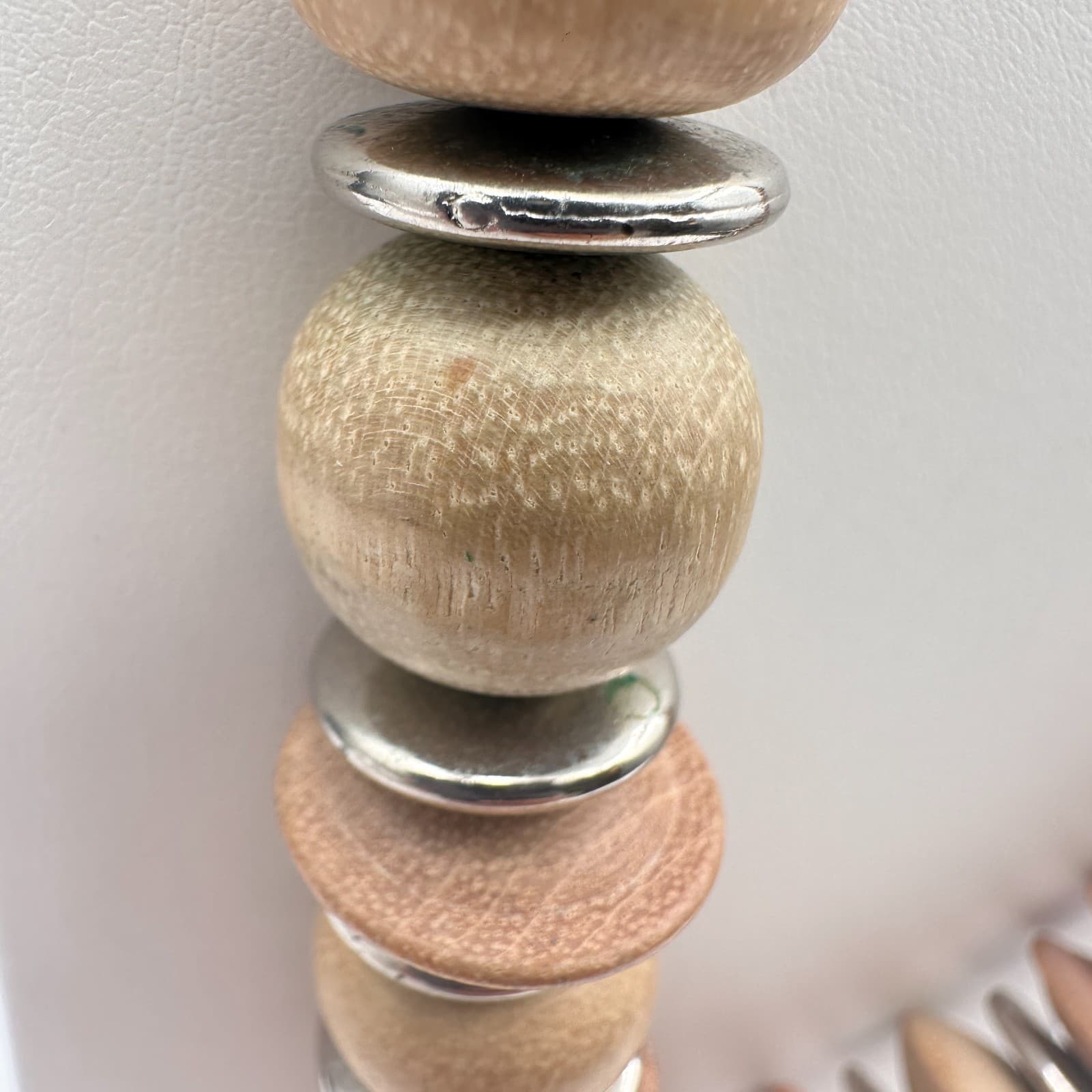 Vintage 90s Wooden Bead Statement Necklace Silver Tone Spacers Boho Jewelry - Thumbnail 13