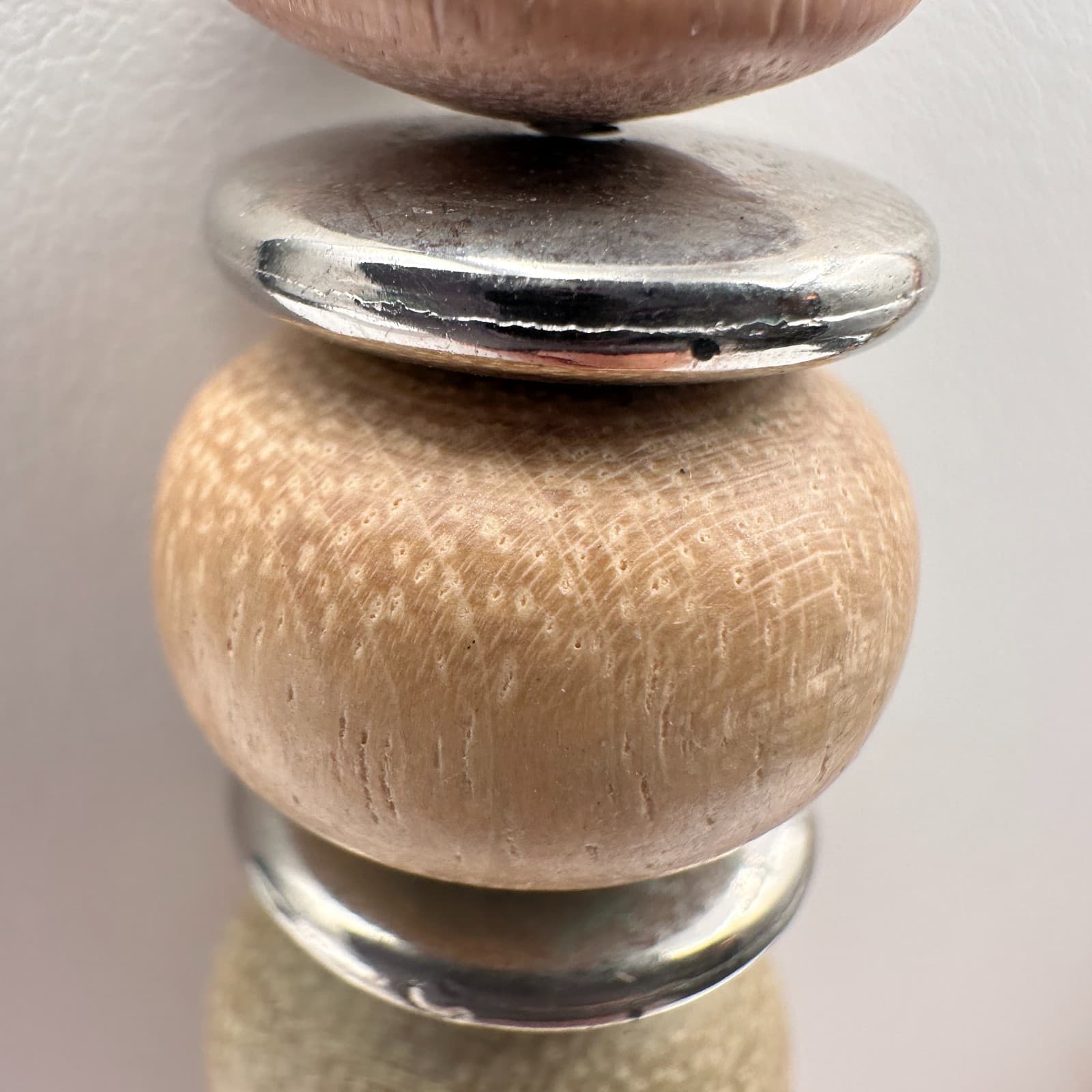 Vintage 90s Wooden Bead Statement Necklace Silver Tone Spacers Boho Jewelry - Thumbnail 12