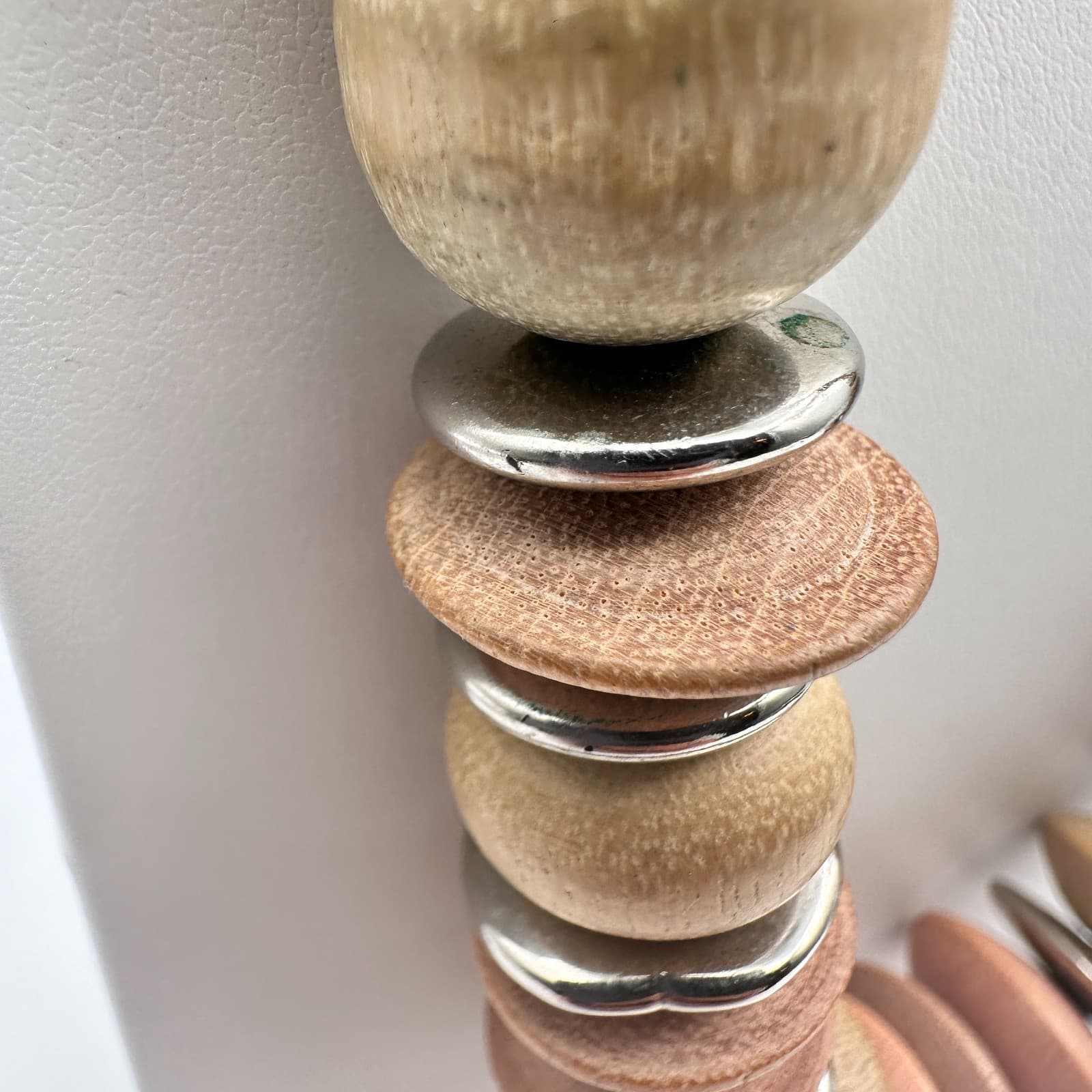 Vintage 90s Wooden Bead Statement Necklace Silver Tone Spacers Boho Jewelry - Thumbnail 4