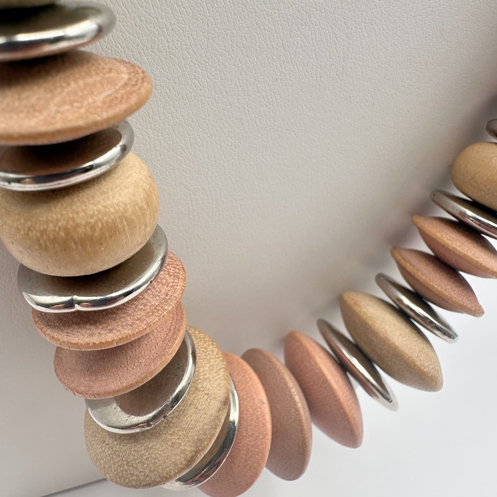 Vintage 90s Wooden Bead Statement Necklace Silver Tone Spacers Boho Jewelry - Thumbnail 6