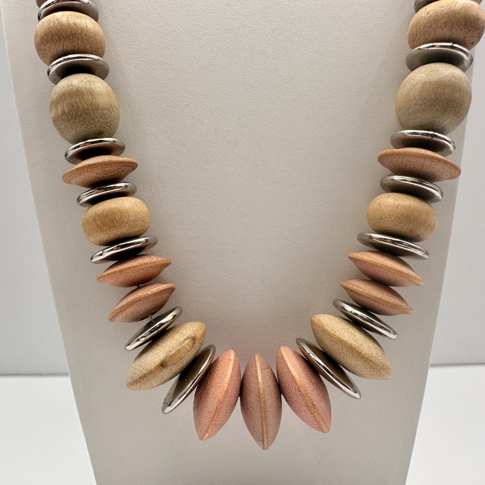 Vintage 90s Wooden Bead Statement Necklace Silver Tone Spacers Boho Jewelry - Thumbnail 7