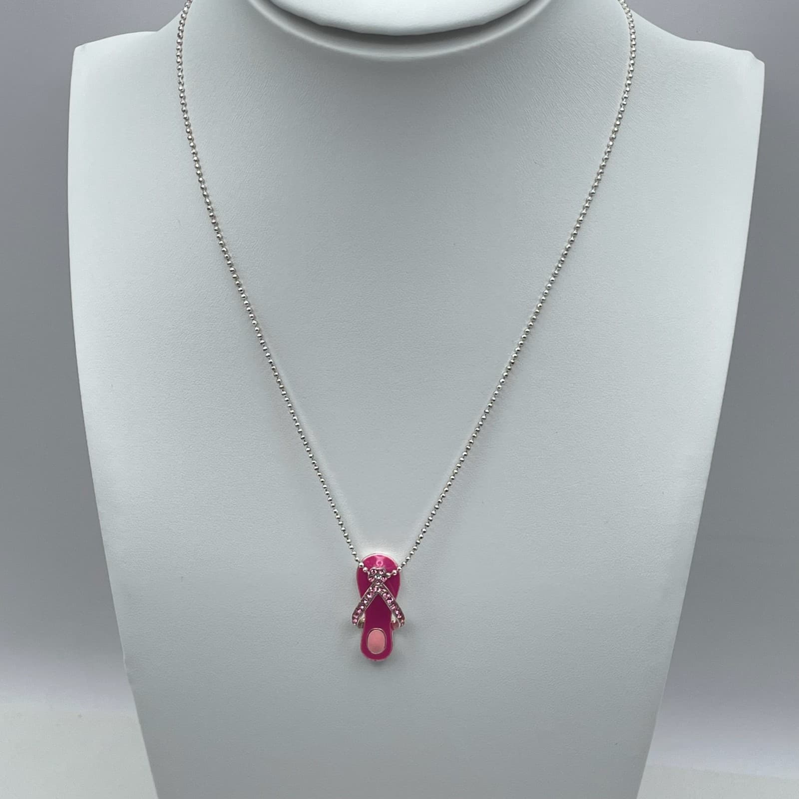 Vintage Y2K Pink Flip Flop Pendant Necklace Silver Tone Enamel Rhinestone - Thumbnail 7