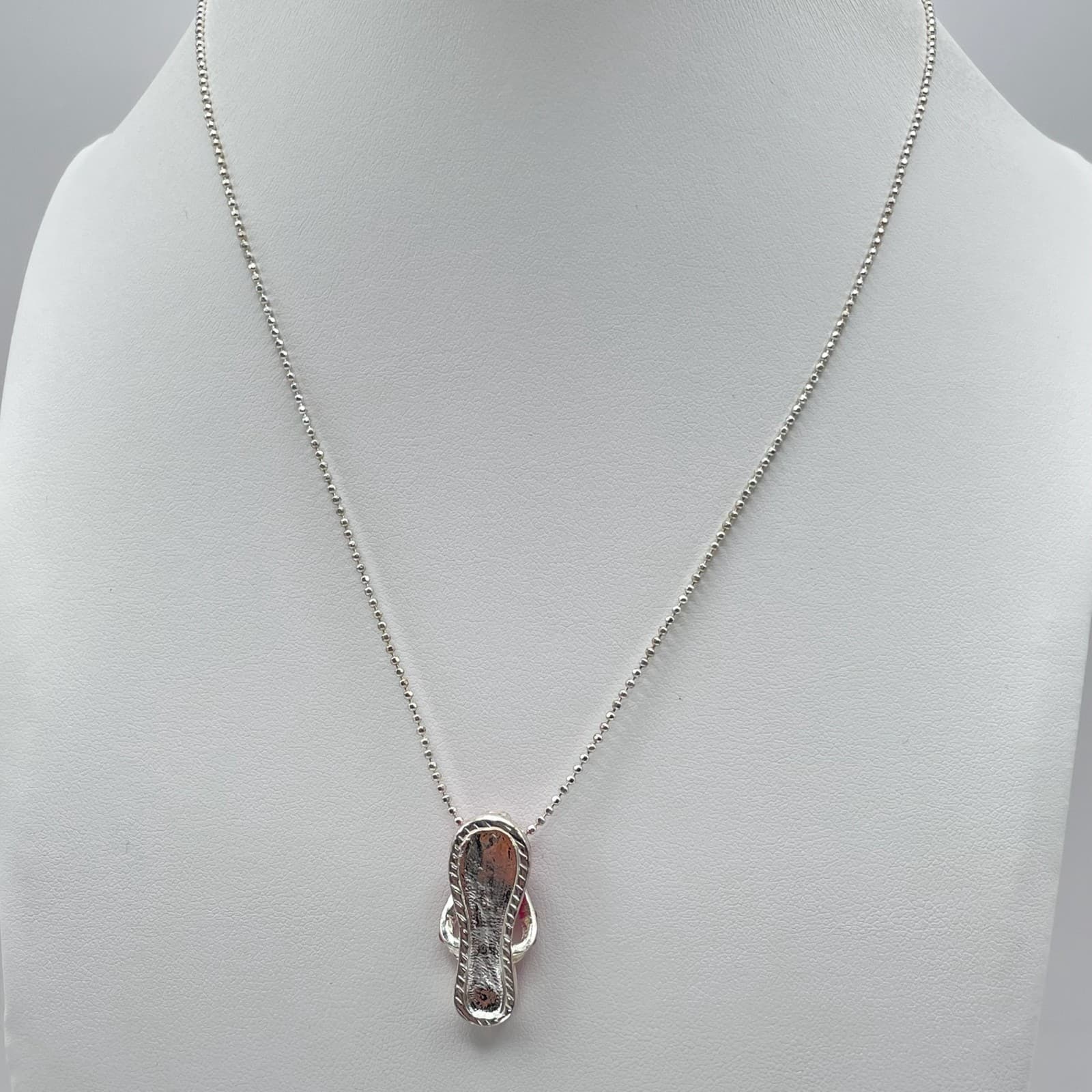 Vintage Y2K Pink Flip Flop Pendant Necklace Silver Tone Enamel Rhinestone - Thumbnail 2