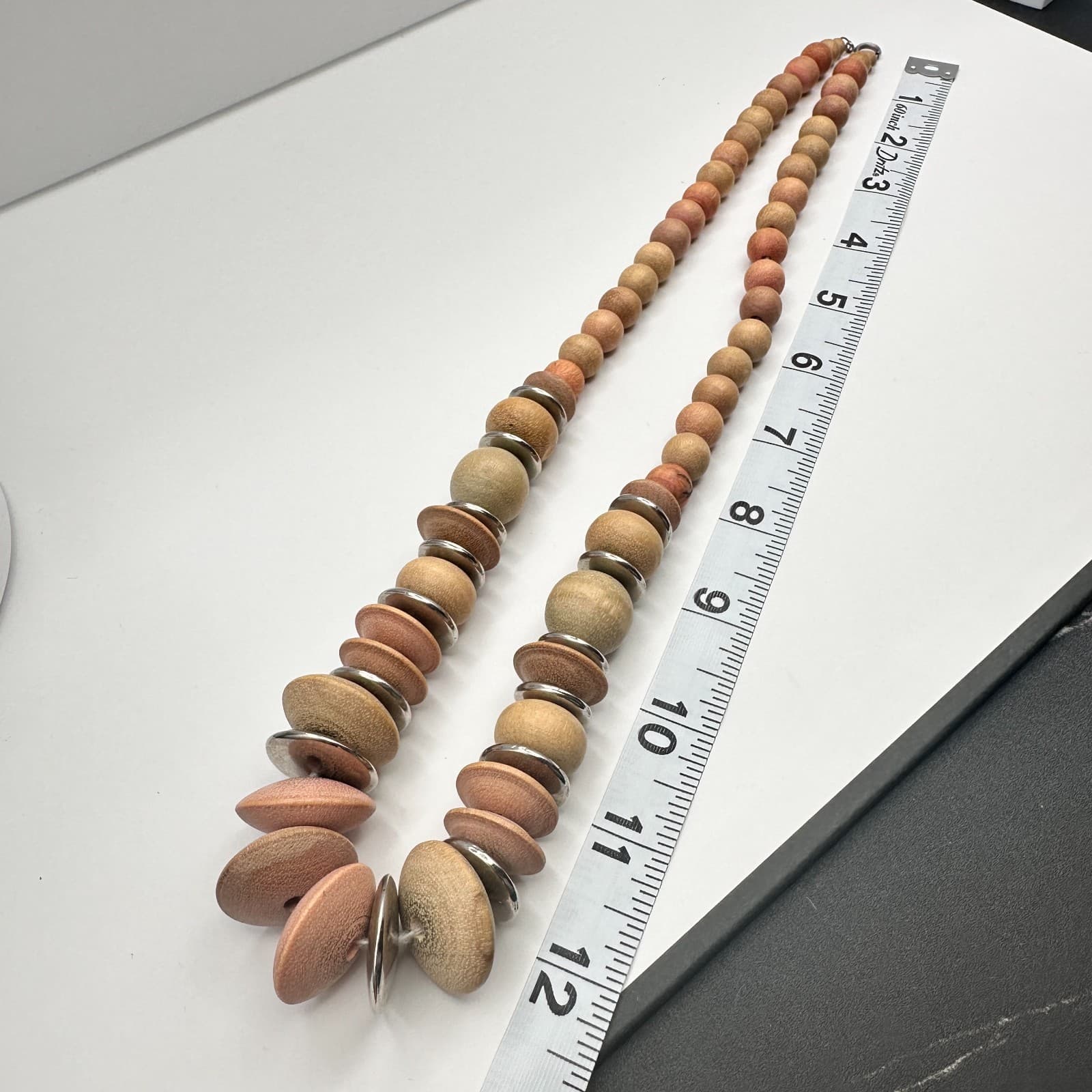 Vintage 90s Wooden Bead Statement Necklace Silver Tone Spacers Boho Jewelry - Thumbnail 15