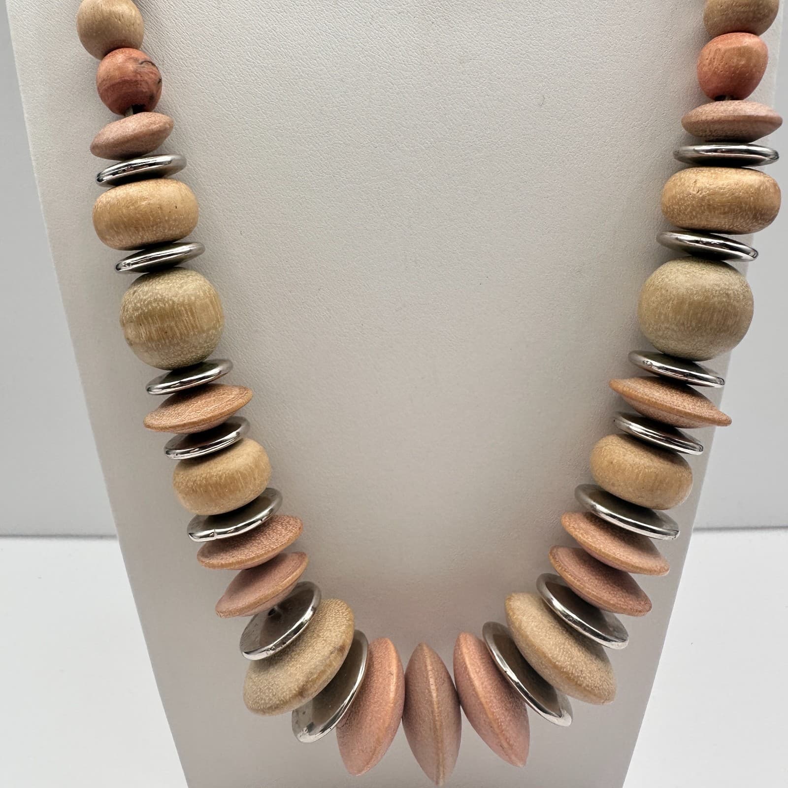 Vintage 90s Wooden Bead Statement Necklace Silver Tone Spacers Boho Jewelry - Thumbnail 2
