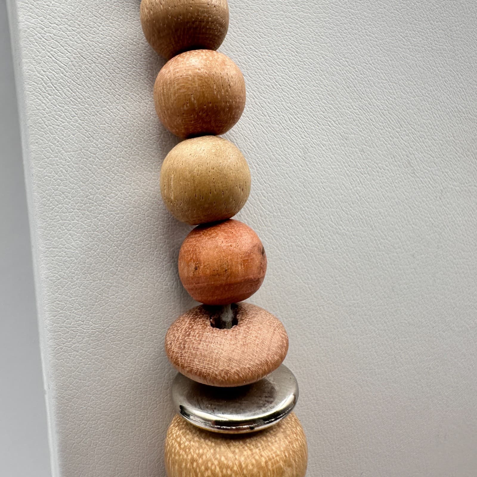 Vintage 90s Wooden Bead Statement Necklace Silver Tone Spacers Boho Jewelry - Thumbnail 10