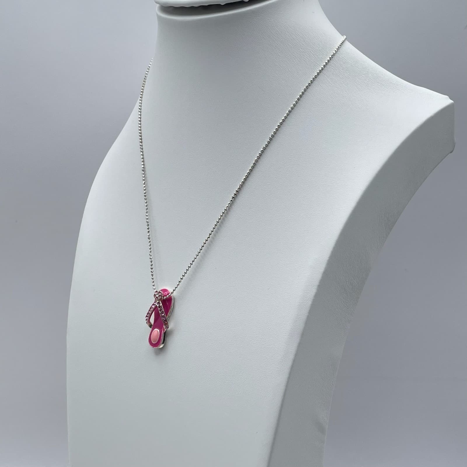 Vintage Y2K Pink Flip Flop Pendant Necklace Silver Tone Enamel Rhinestone - Thumbnail 6