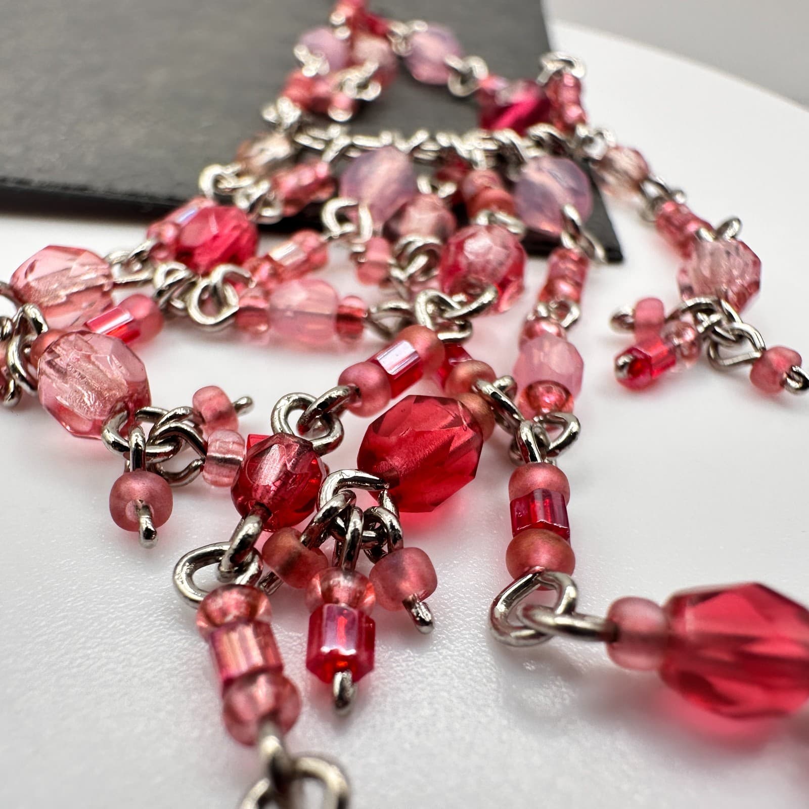 Vintage 80s Silver Tone Pink Red Glass Bead Chandelier Dangle Earrings Jewelry - Thumbnail 9