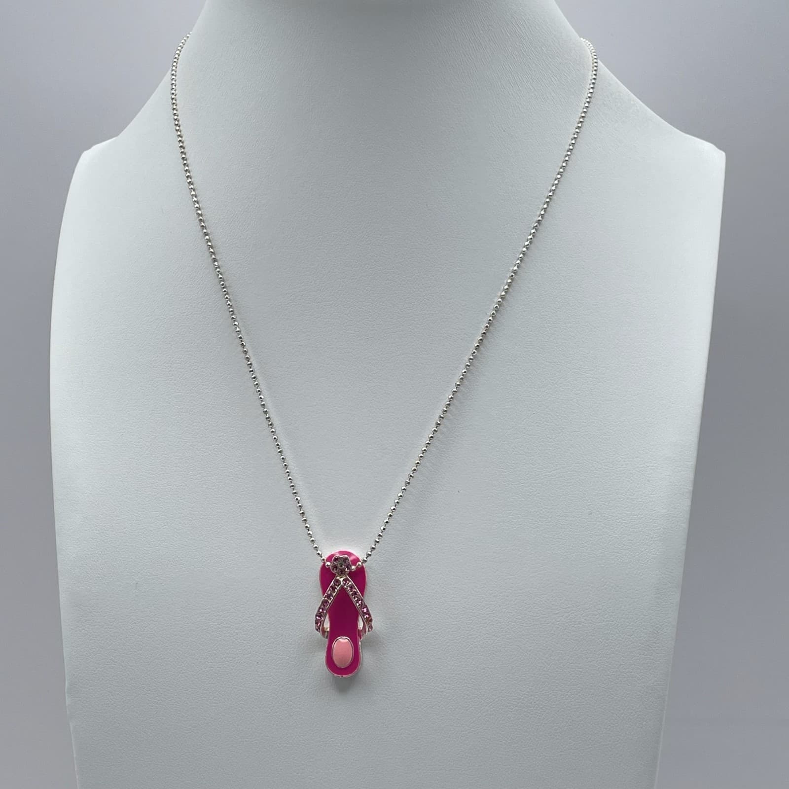 Vintage Y2K Pink Flip Flop Pendant Necklace Silver Tone Enamel Rhinestone - Image 1