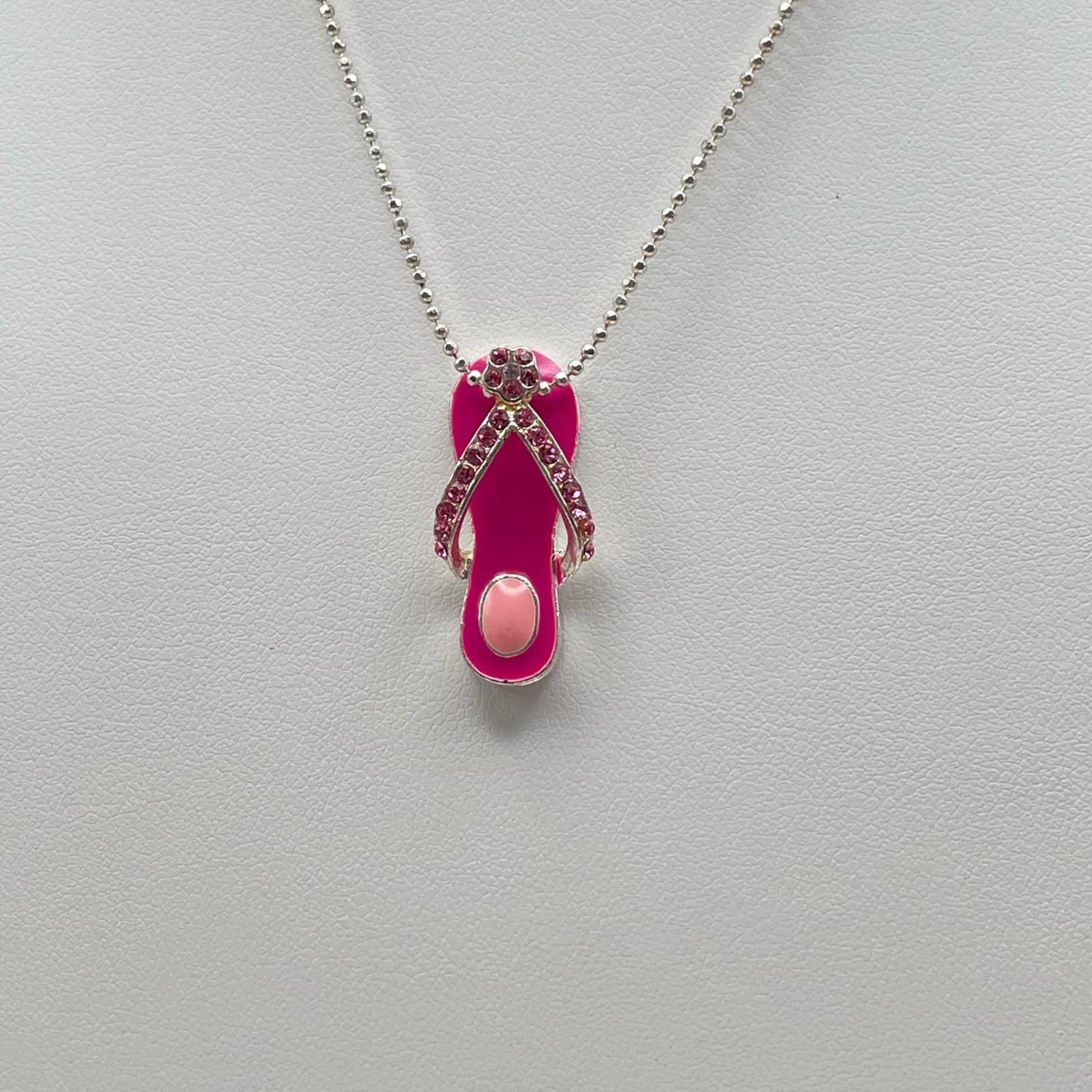 Vintage Y2K Pink Flip Flop Pendant Necklace Silver Tone Enamel Rhinestone - Thumbnail 4
