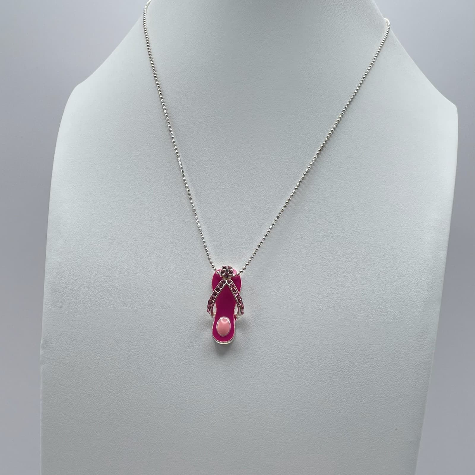 Vintage Y2K Pink Flip Flop Pendant Necklace Silver Tone Enamel Rhinestone - Thumbnail 5