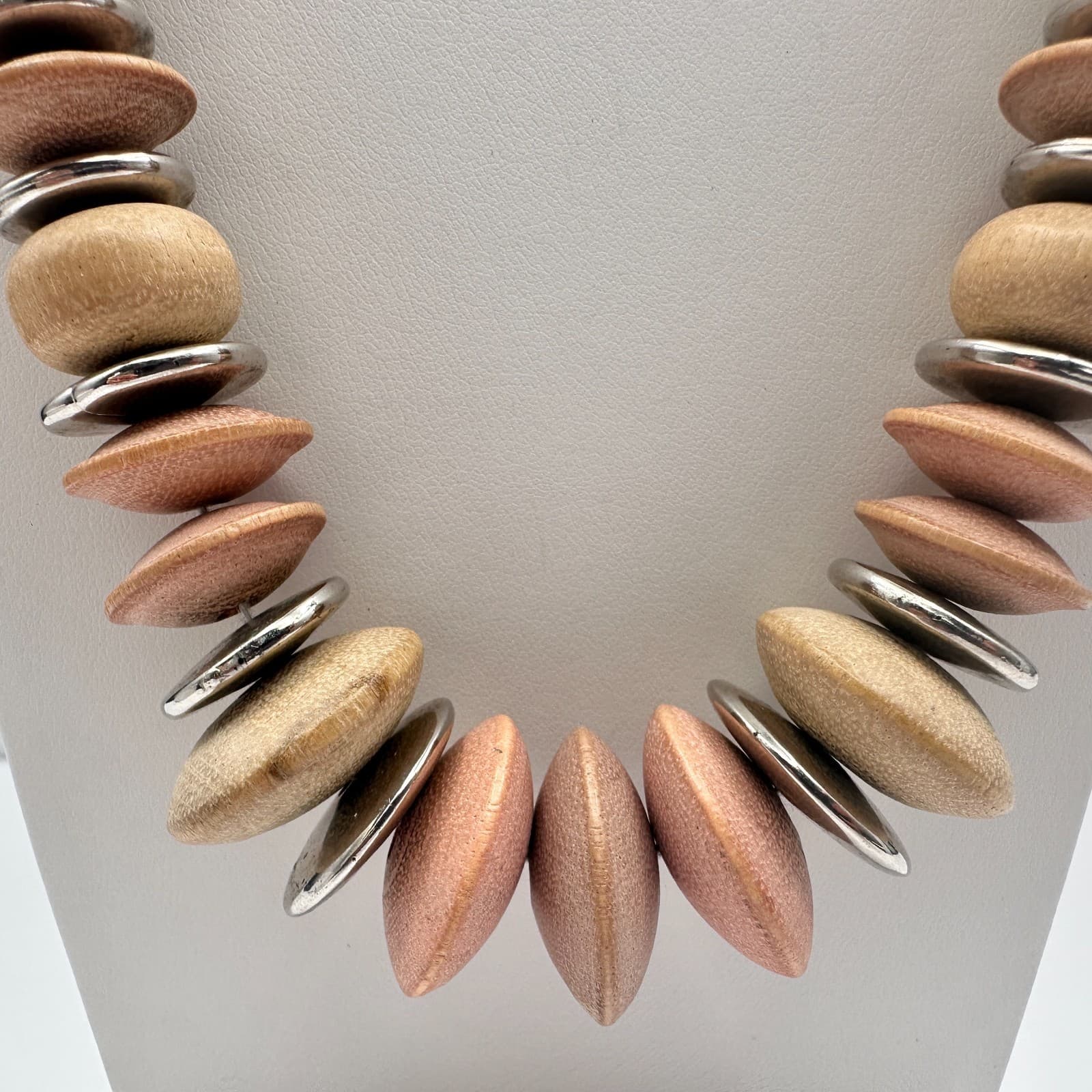 Vintage 90s Wooden Bead Statement Necklace Silver Tone Spacers Boho Jewelry - Thumbnail 8