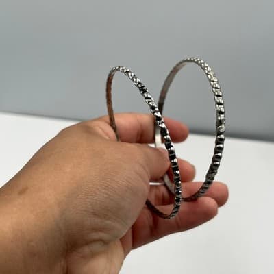 Vintage Silver-Tone Beaded Bubble Bangle Bracelets Set 2 Textured Stackable Boho - Thumbnail 5