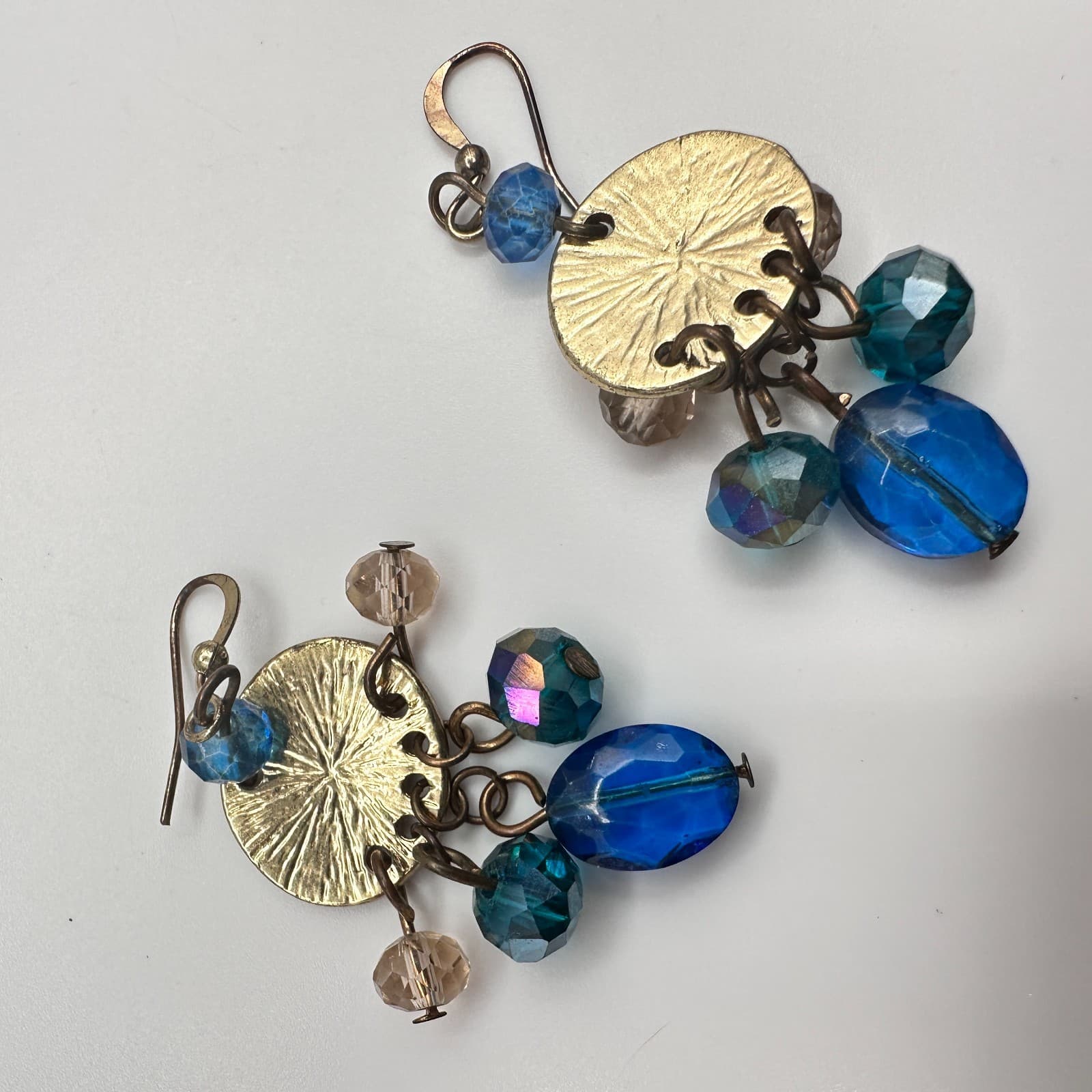 Vintage 90s Blue Glass Gold Tone Drop Earrings Textured Disc Dangle Pair Boho - Thumbnail 15